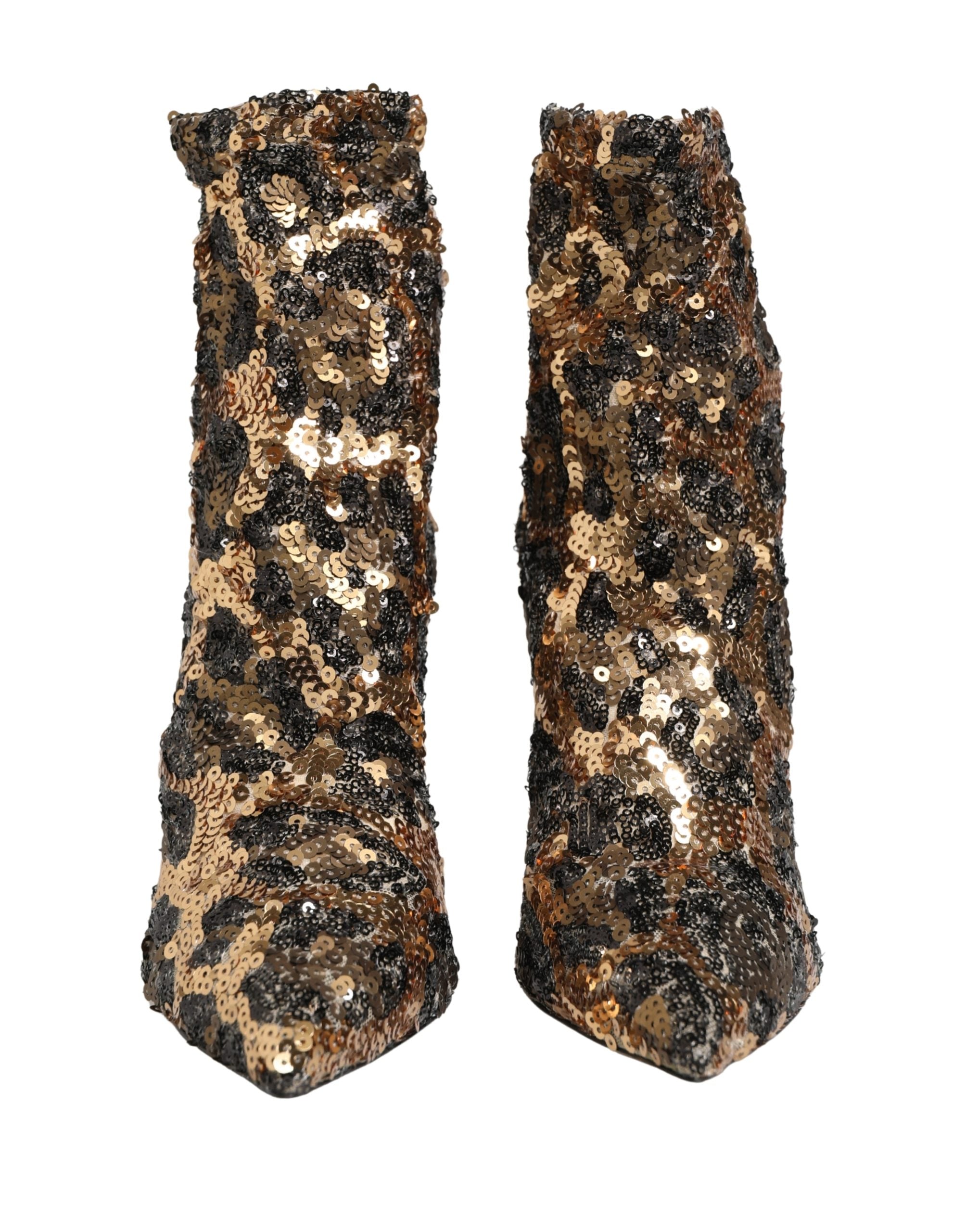 Dolce & Gabbana Gold Leopard Pailletten-Socken-Stiefeletten Schuhe