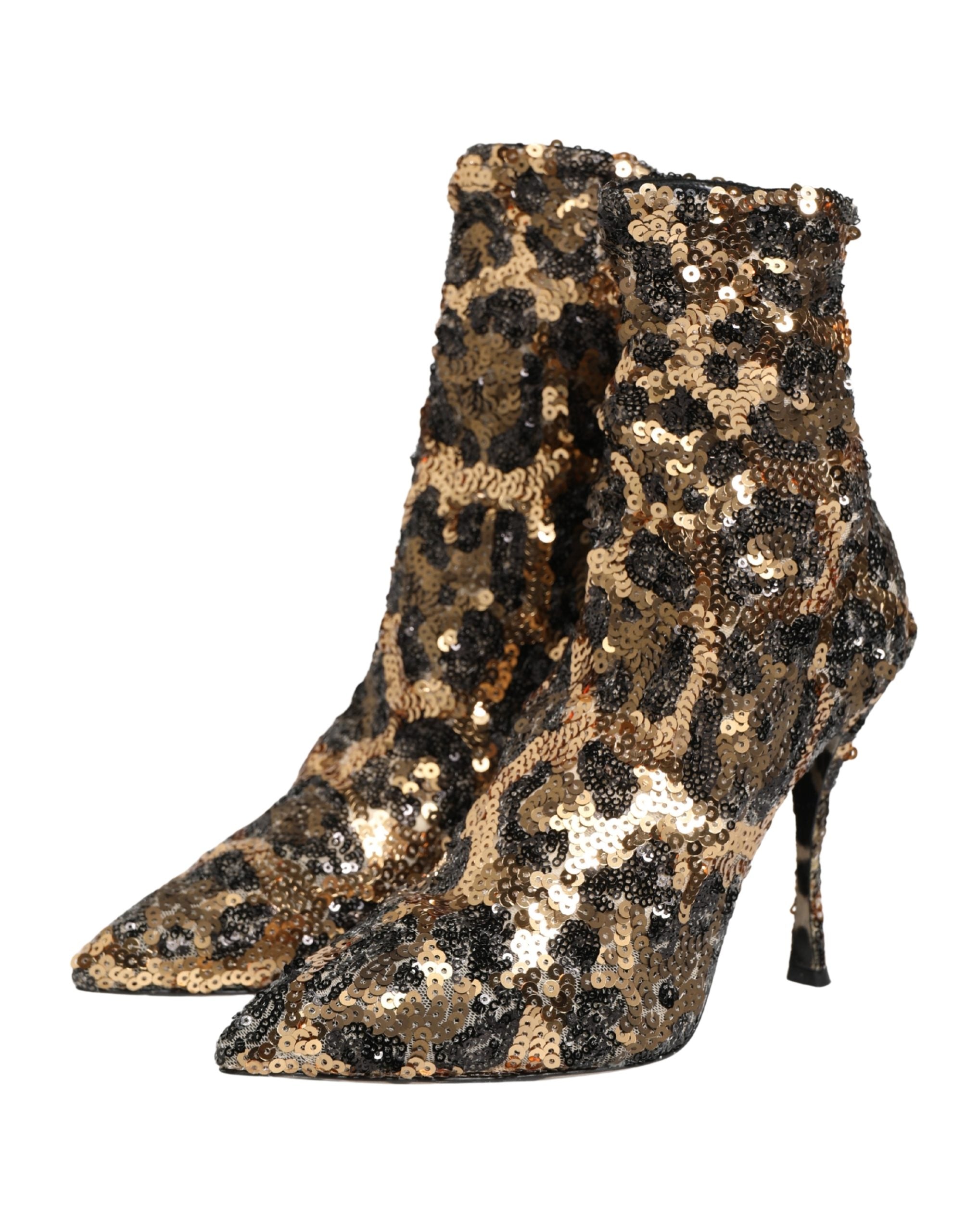 Dolce & Gabbana Gold Leopard Pailletten-Socken-Stiefeletten Schuhe