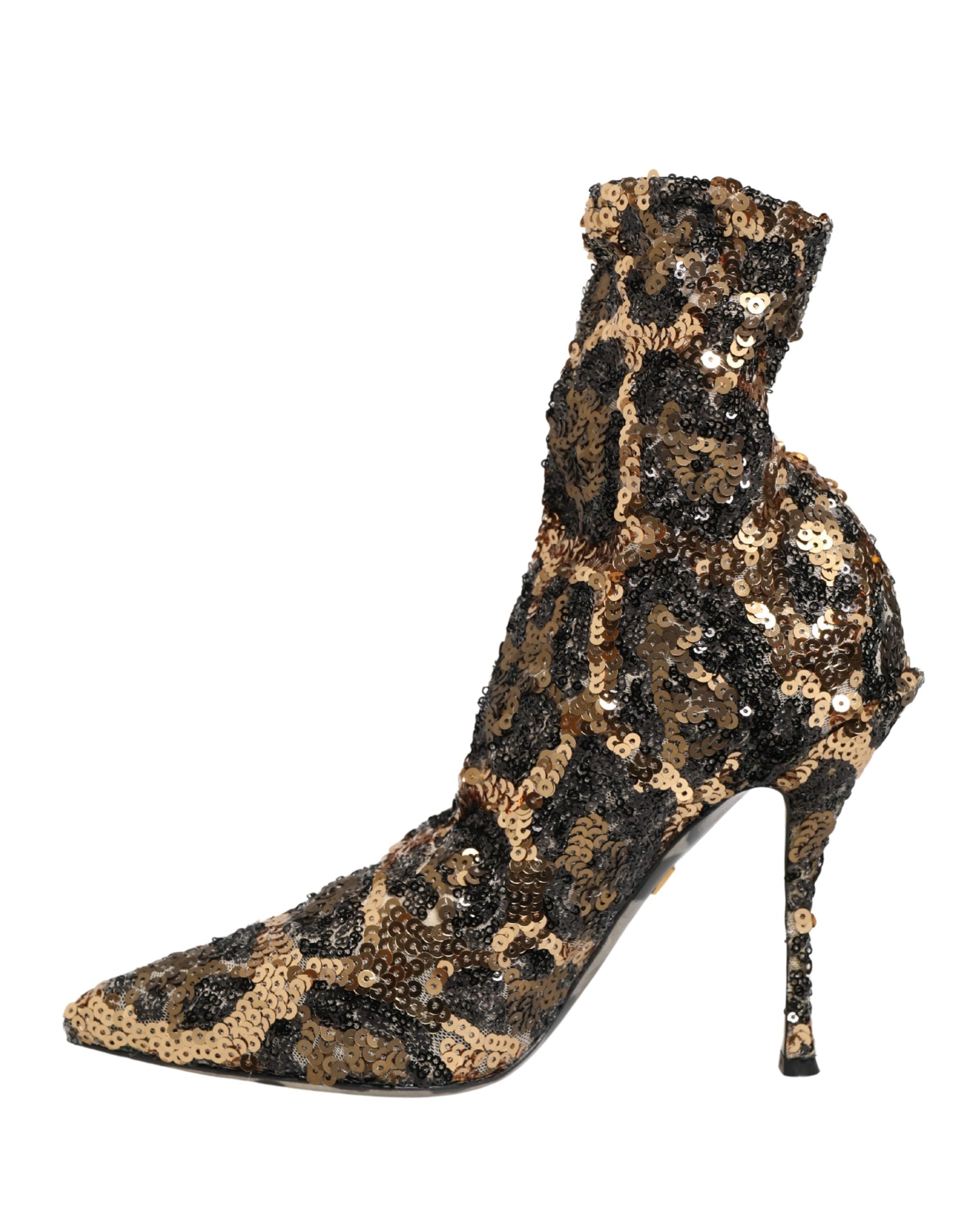 Dolce & Gabbana Gold Leopard Pailletten-Socken-Stiefeletten Schuhe