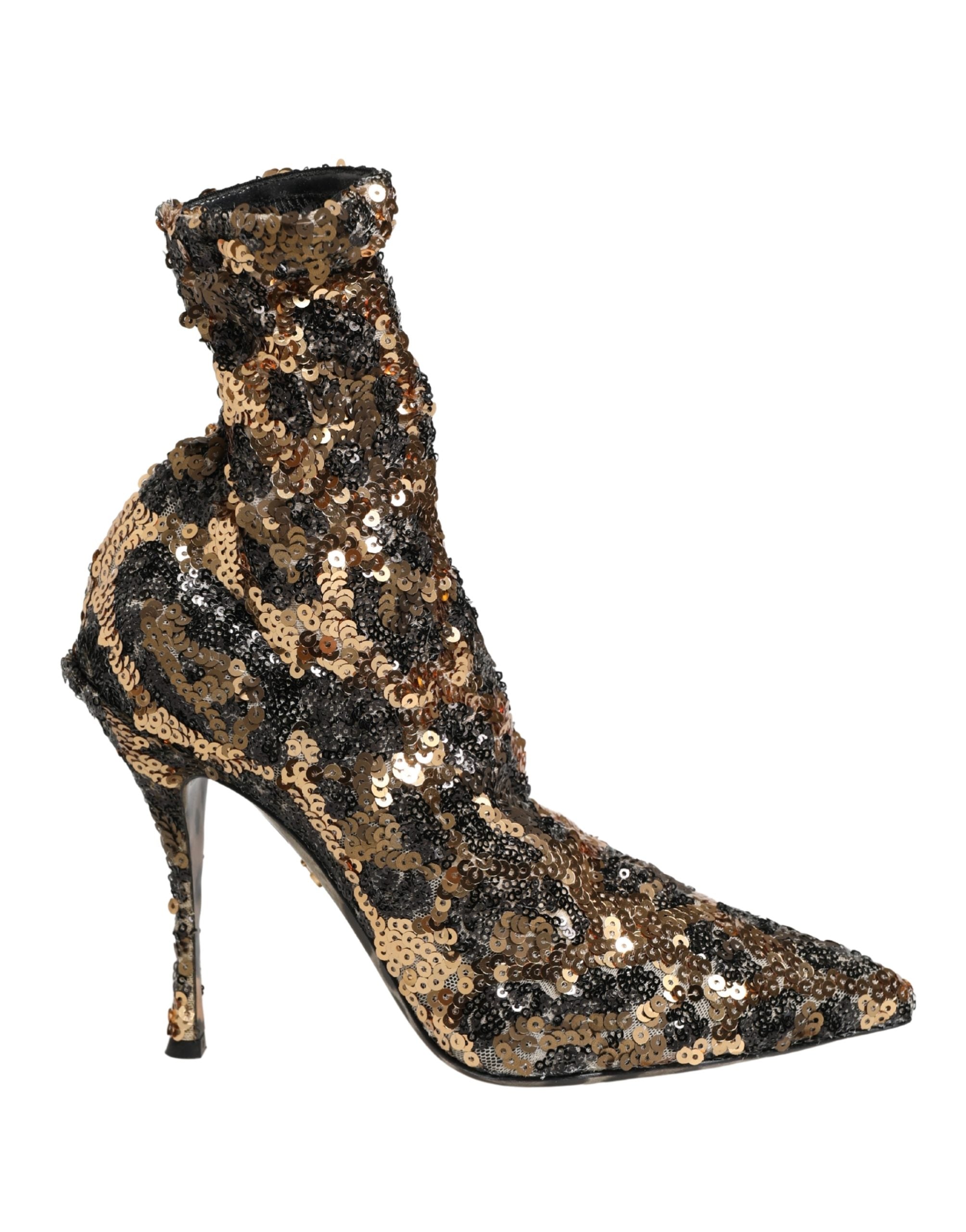 Dolce & Gabbana Gold Leopard Pailletten-Socken-Stiefeletten Schuhe