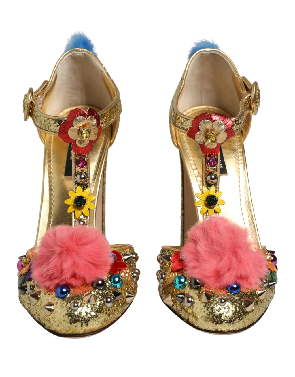 Dolce & Gabbana Gouden Glitter T-band Sandalen met Bontrand