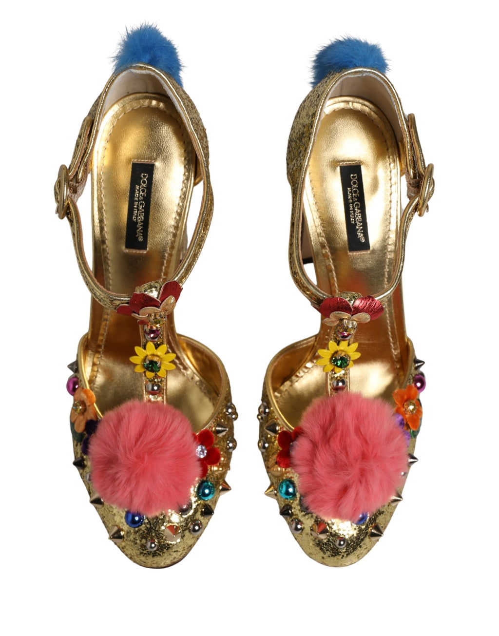 Dolce & Gabbana Gouden Glitter T-band Sandalen met Bontrand