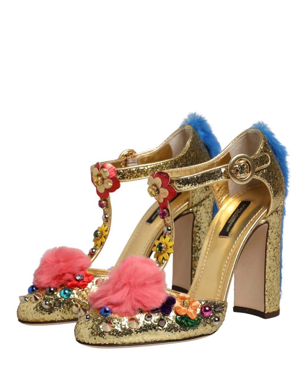 Dolce & Gabbana Gouden Glitter T-band Sandalen met Bontrand