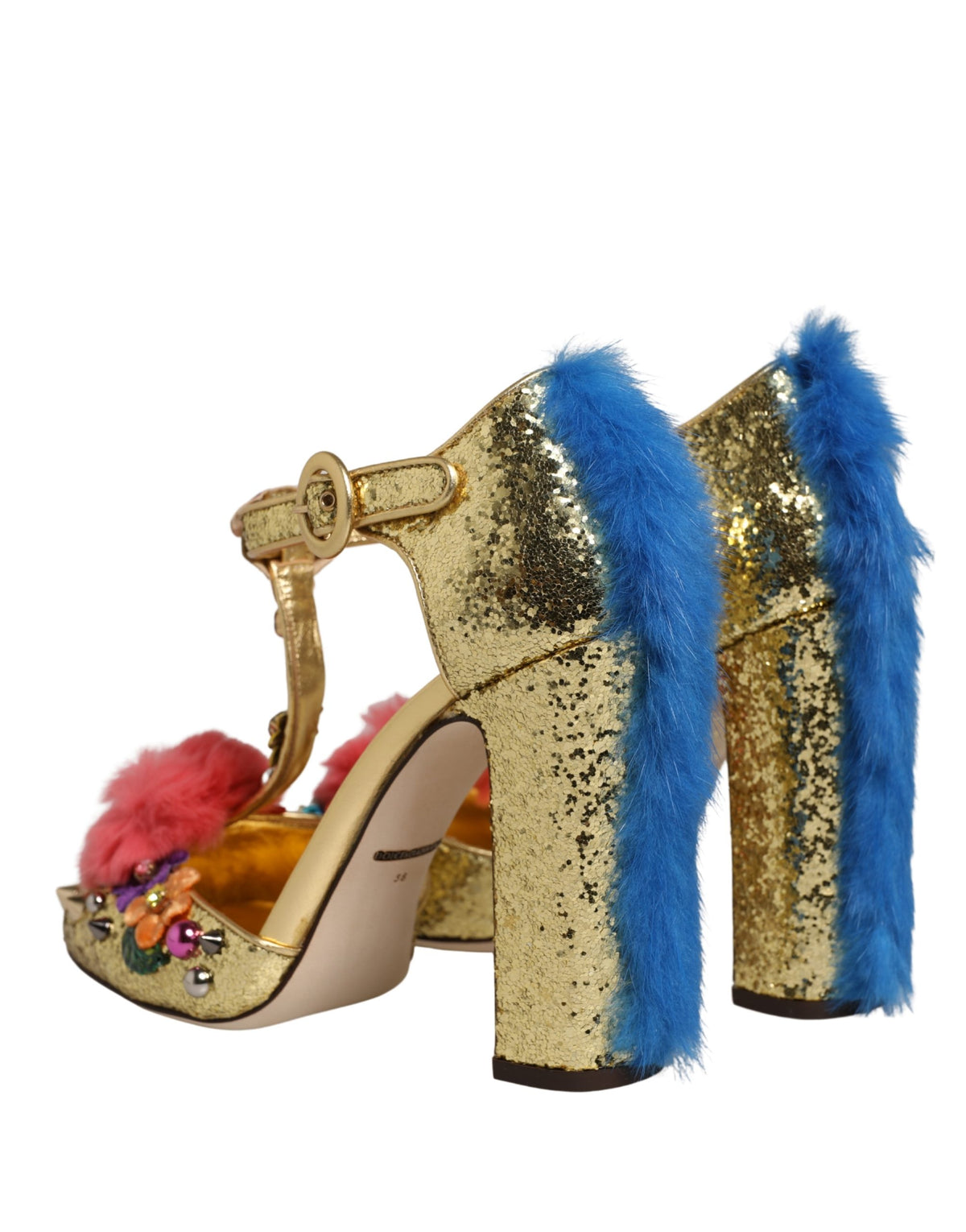 Dolce & Gabbana Gouden Glitter T-band Sandalen met Bontrand