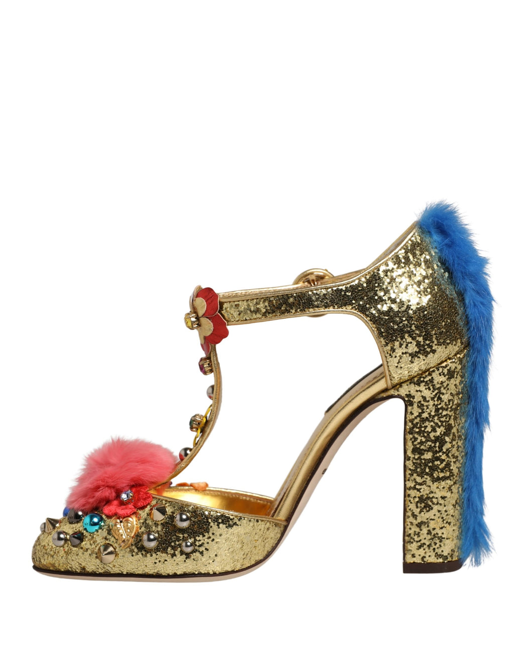 Dolce & Gabbana Gouden Glitter T-band Sandalen met Bontrand
