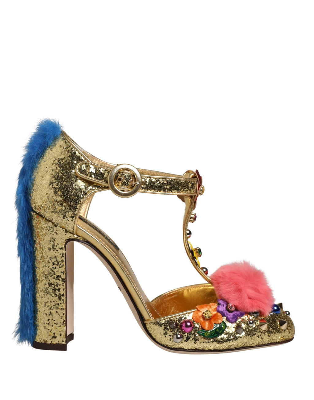 Dolce & Gabbana Gouden Glitter T-band Sandalen met Bontrand
