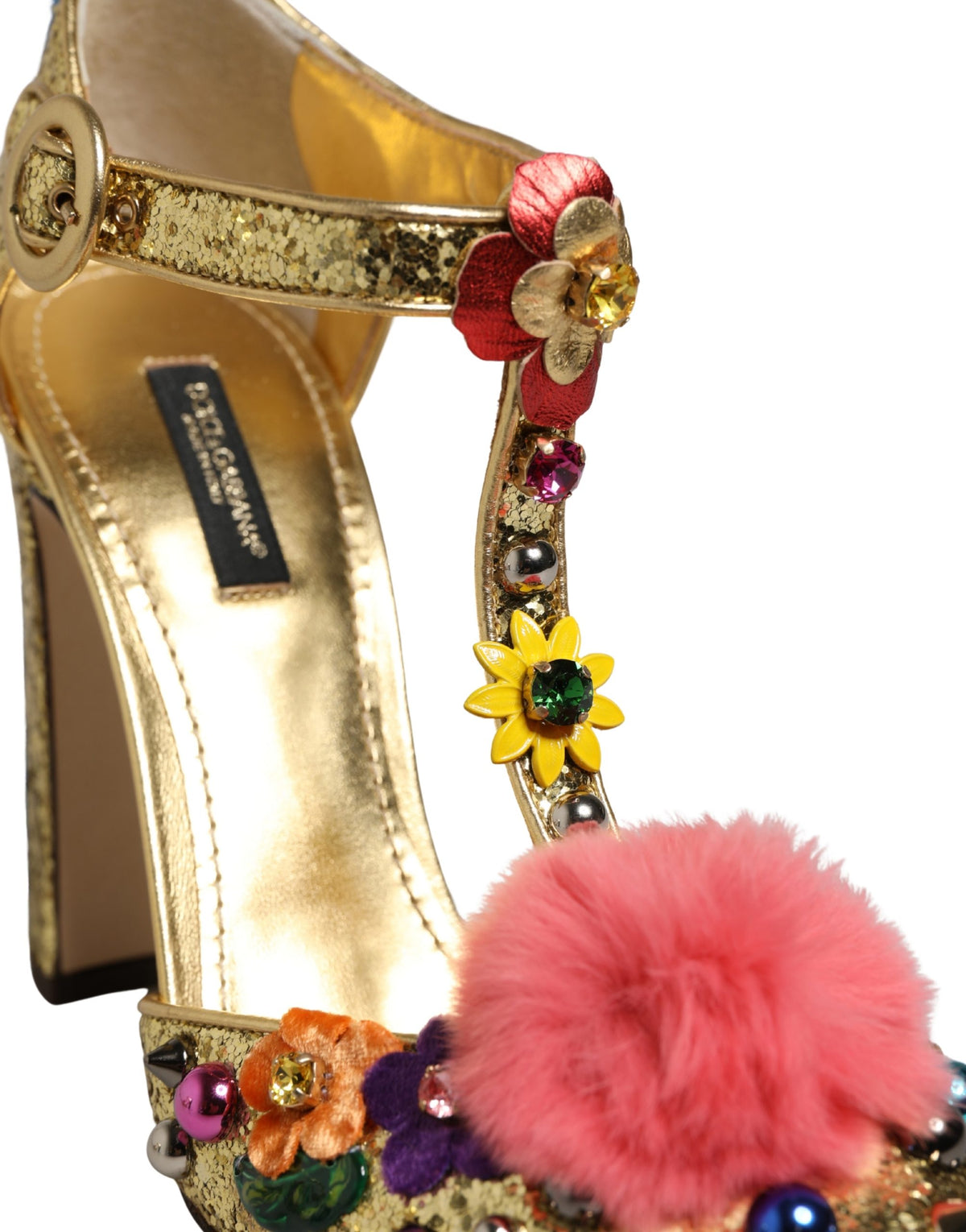 Dolce & Gabbana Gouden Glitter T-band Sandalen met Bontrand