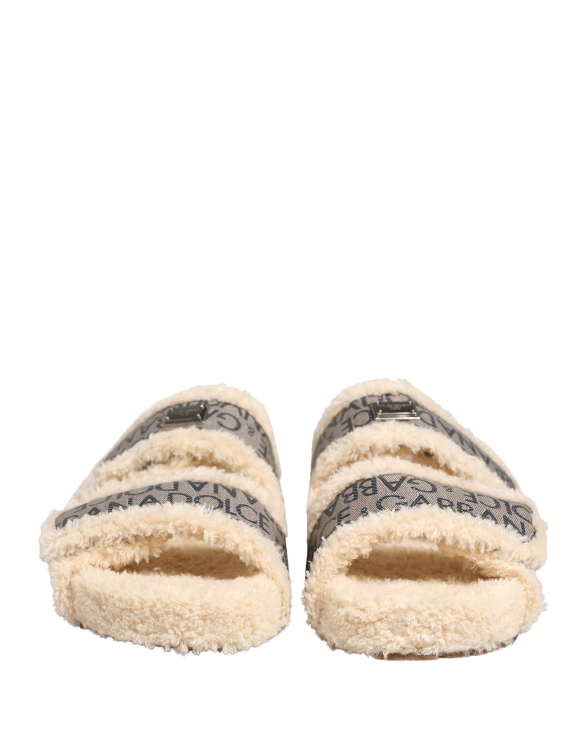 Dolce & Gabbana Beige Kunstpelz Logo Print Flache Sandalen Schuhe