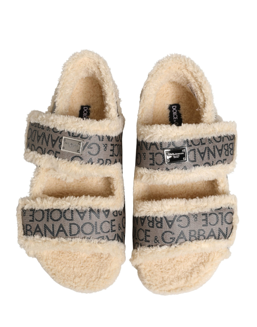 Dolce & Gabbana Beige Kunstpelz Logo Print Flache Sandalen Schuhe
