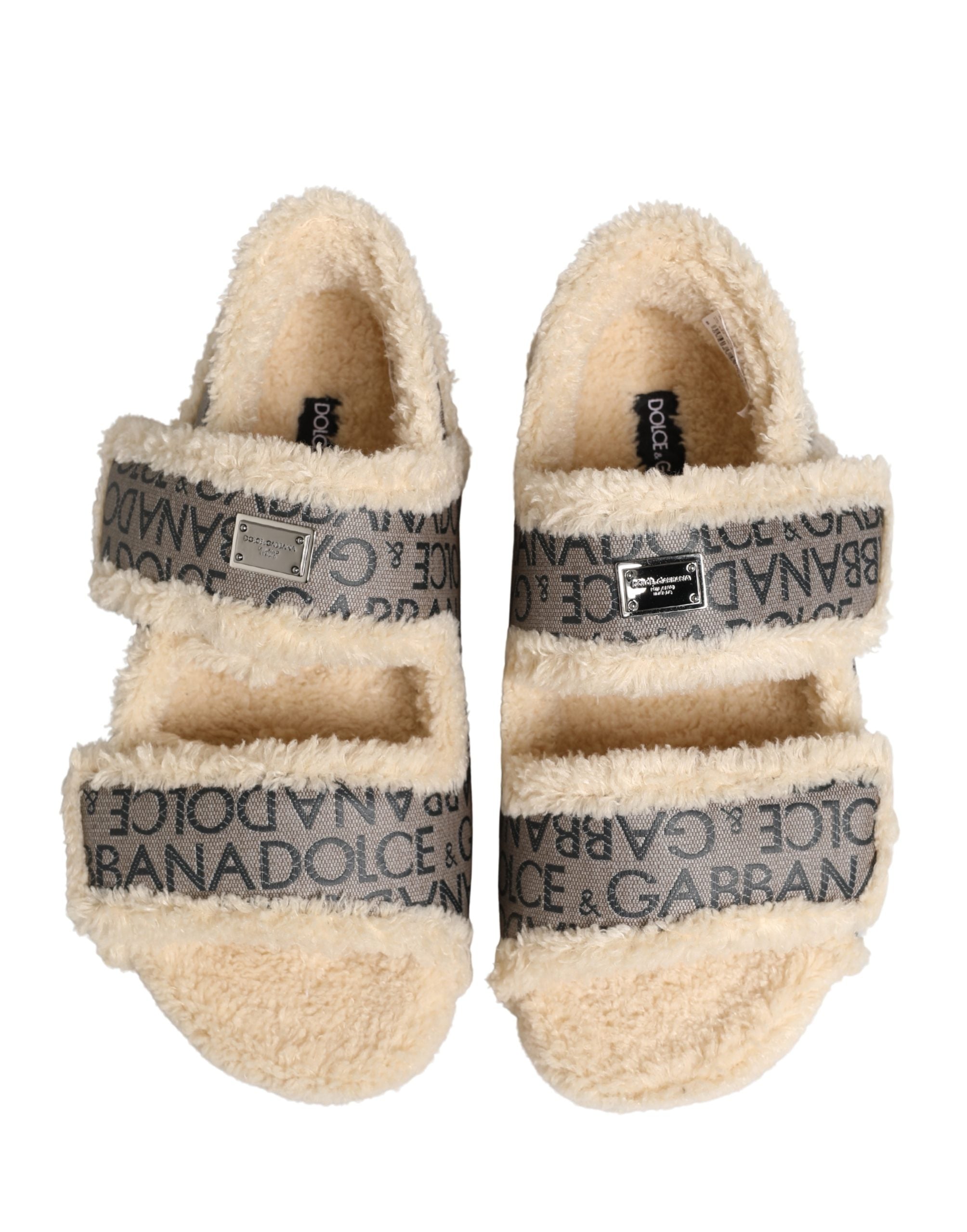 Dolce & Gabbana Beige Kunstpelz Logo Print Flache Sandalen Schuhe