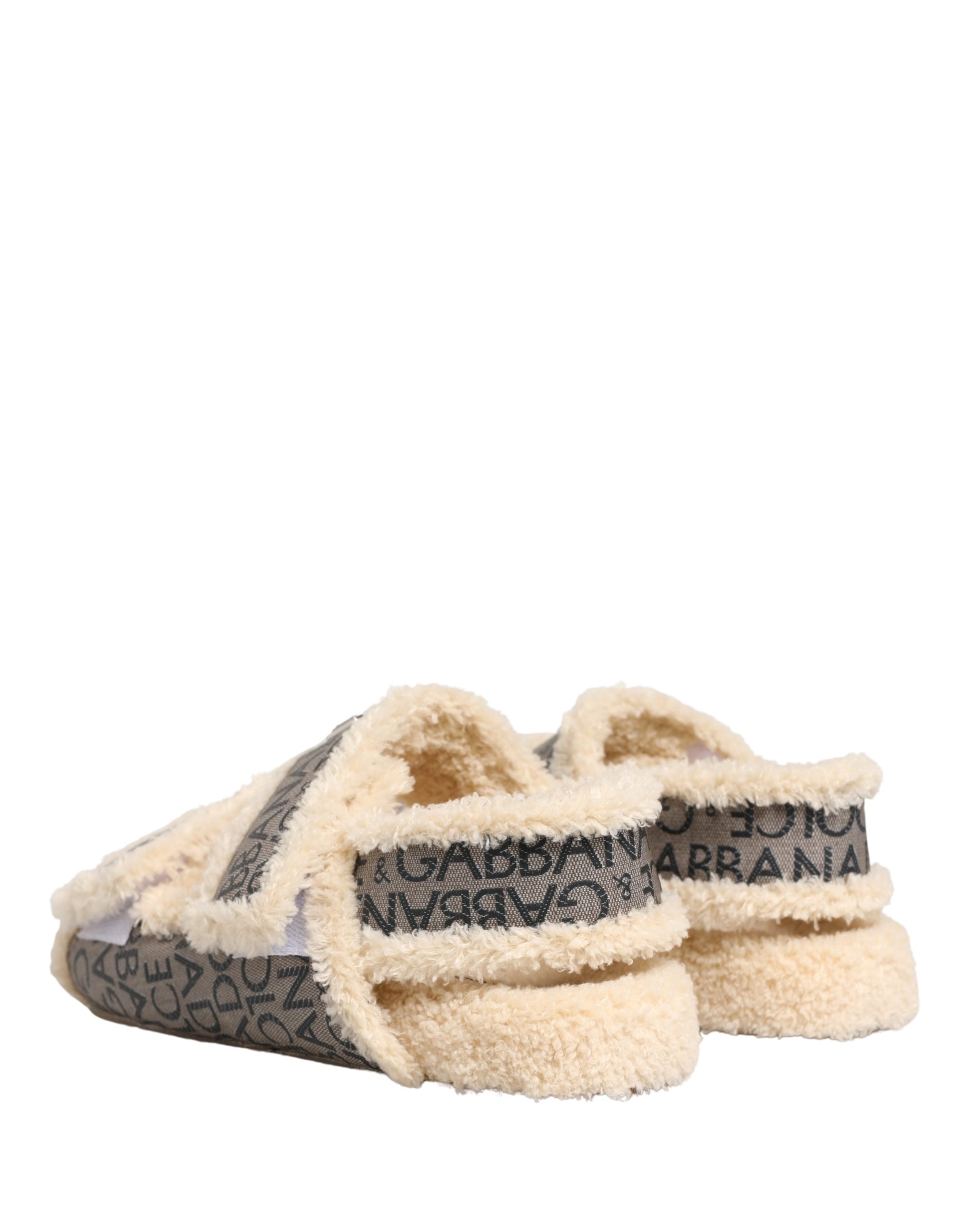 Dolce & Gabbana Beige Kunstpelz Logo Print Flache Sandalen Schuhe