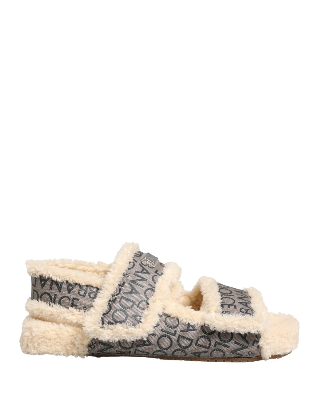 Dolce & Gabbana Beige Kunstpelz Logo Print Flache Sandalen Schuhe