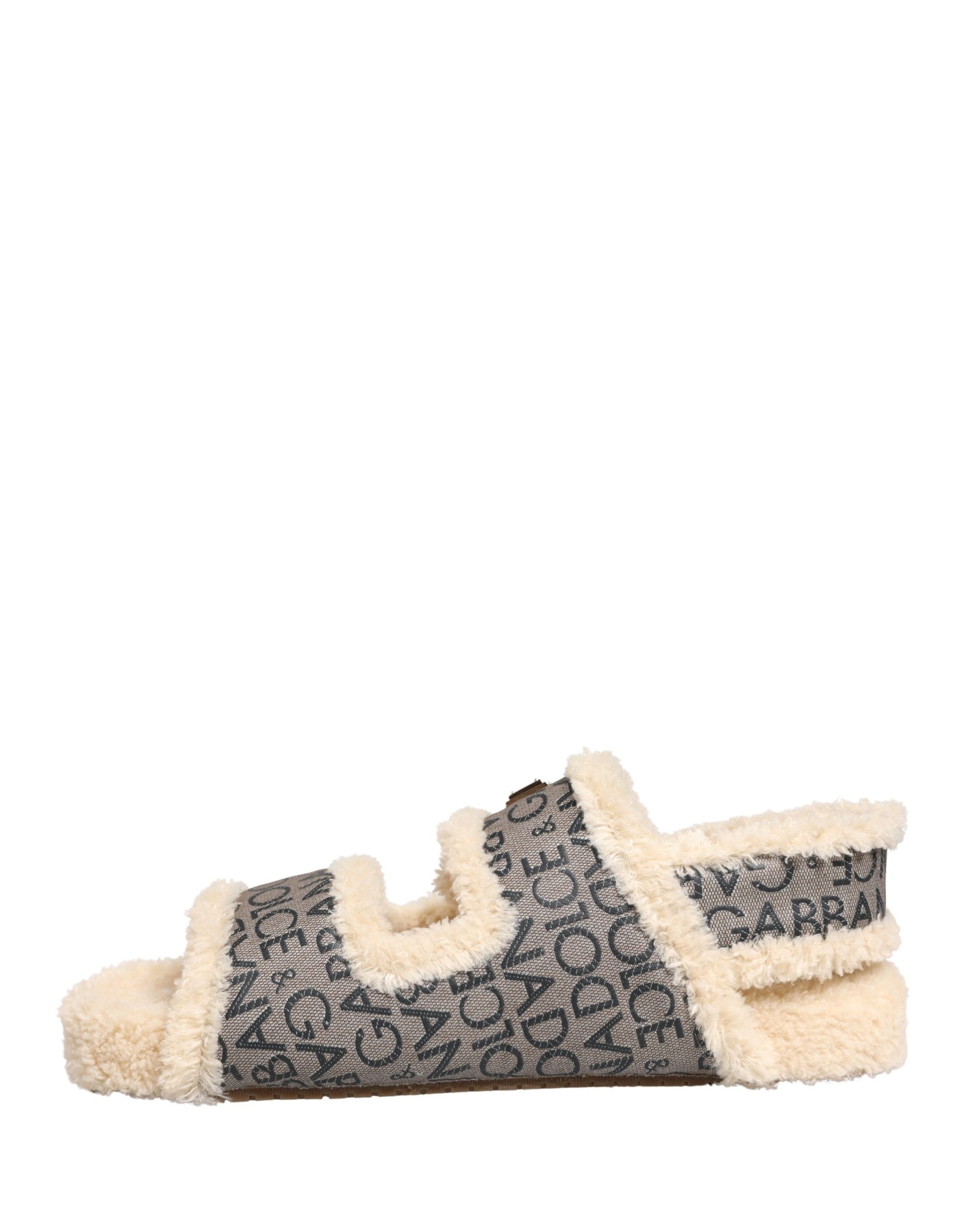 Dolce & Gabbana Beige Kunstpelz Logo Print Flache Sandalen Schuhe