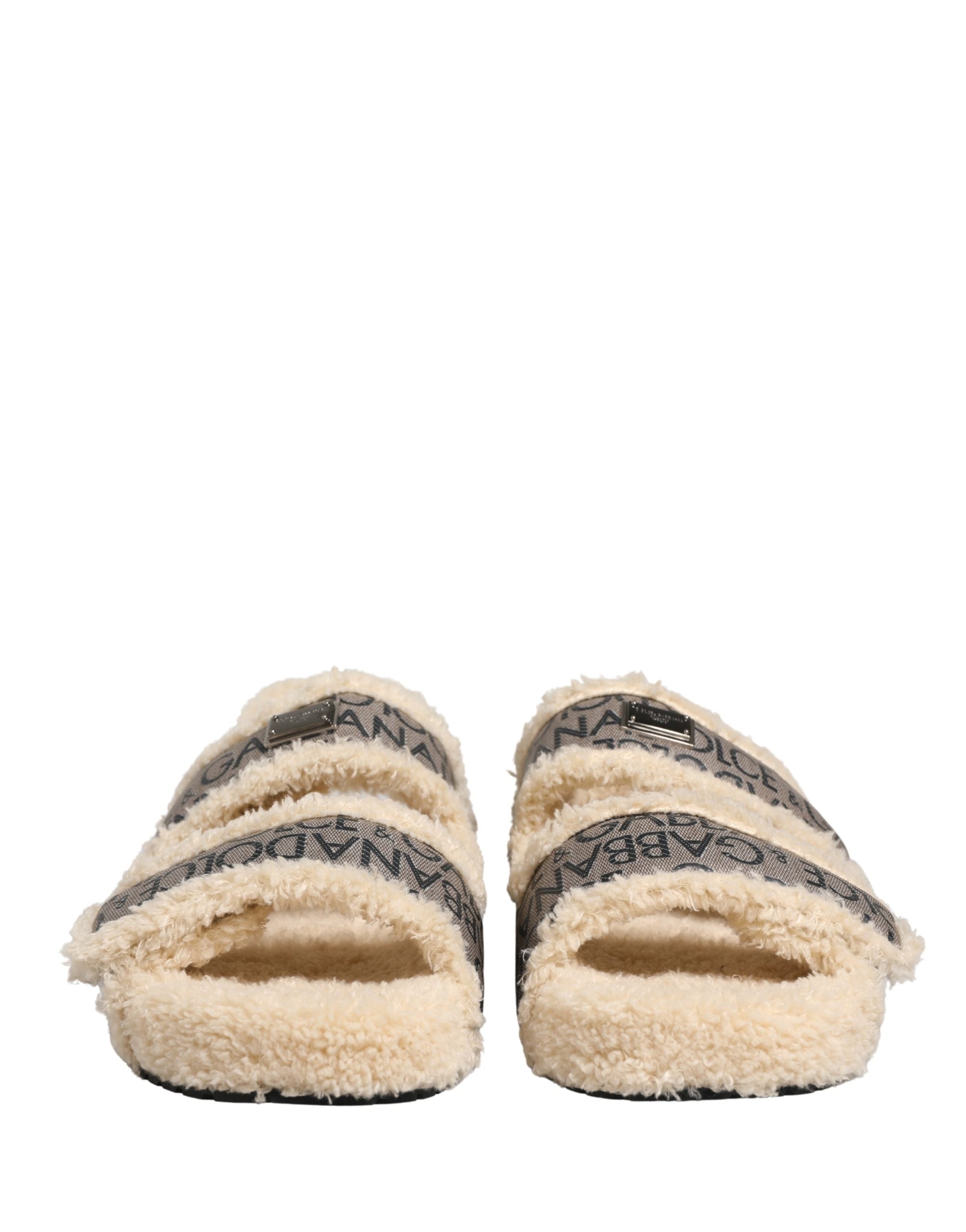 Dolce & Gabbana Beige Kunstpelz Logo Print Flache Sandalen Schuhe