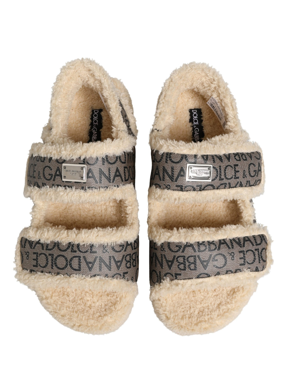 Dolce & Gabbana Beige Kunstpelz Logo Print Flache Sandalen Schuhe