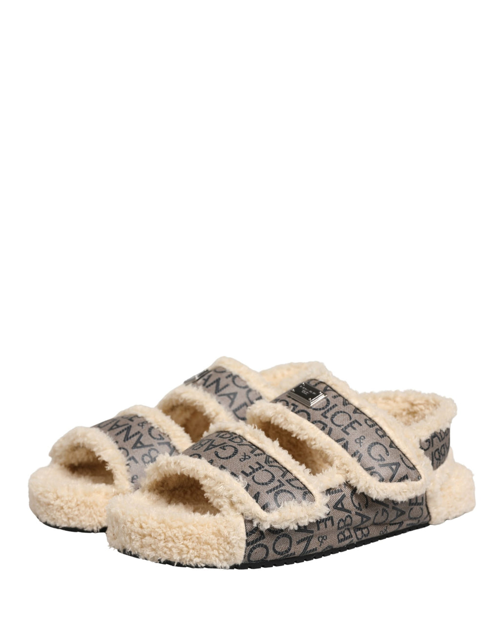 Dolce & Gabbana Beige Kunstpelz Logo Print Flache Sandalen Schuhe