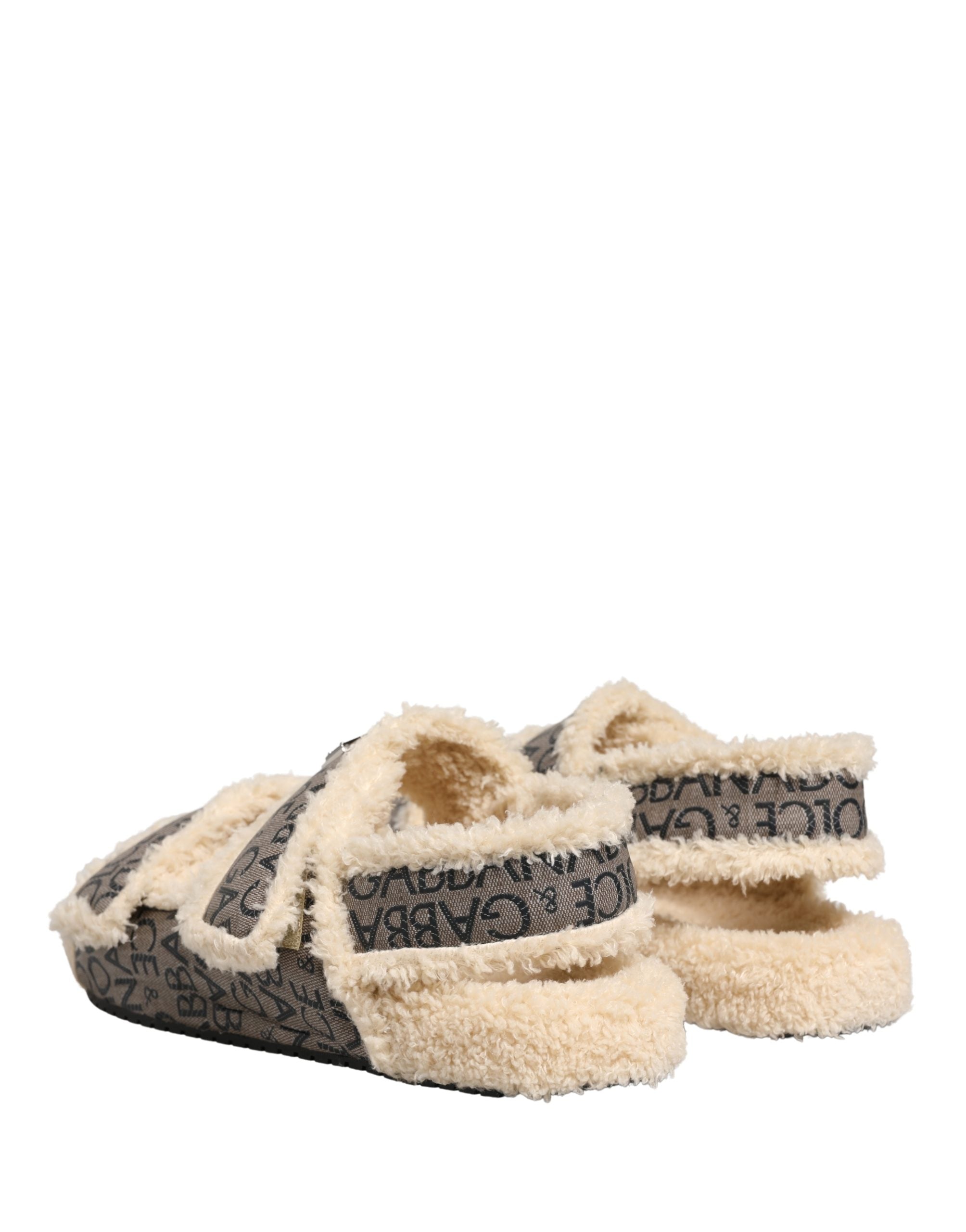 Dolce & Gabbana Beige Kunstpelz Logo Print Flache Sandalen Schuhe