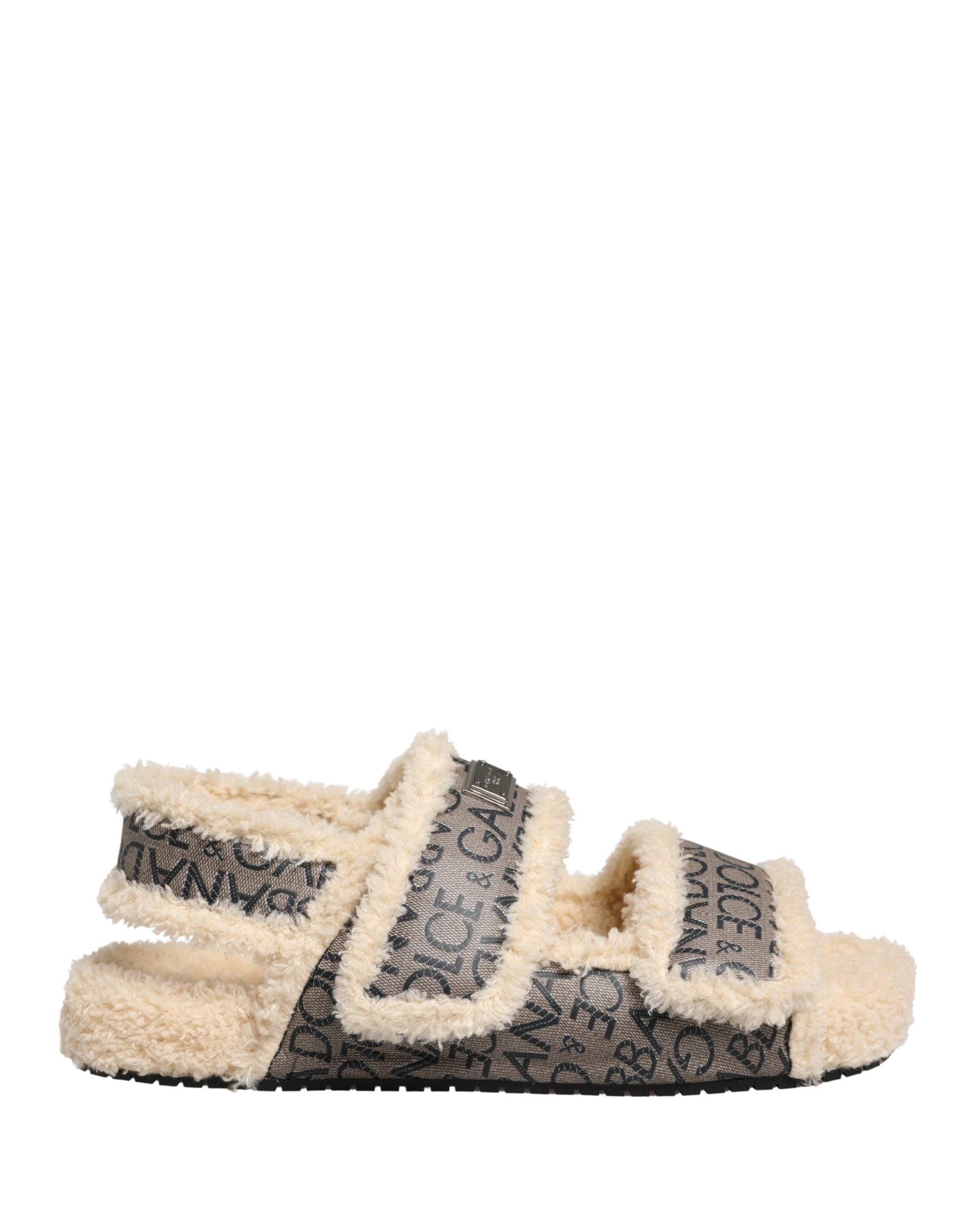 Dolce & Gabbana Beige Kunstpelz Logo Print Flache Sandalen Schuhe