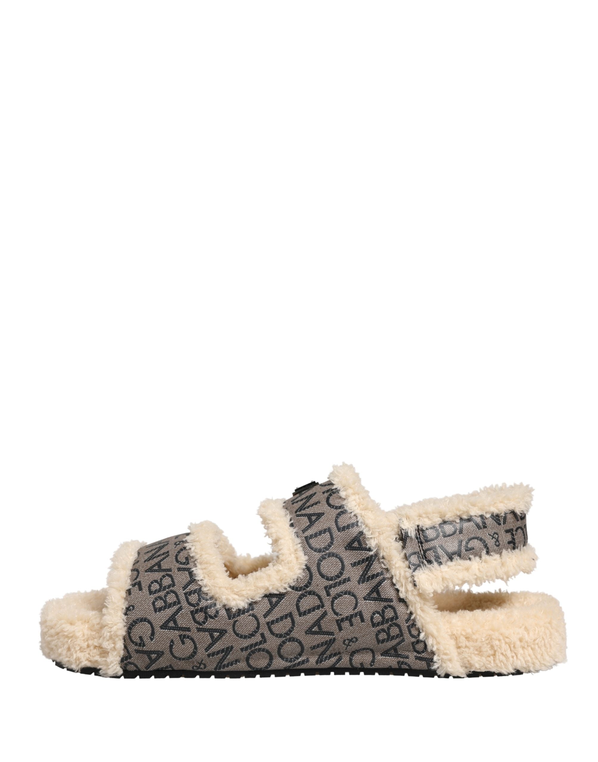 Dolce & Gabbana Beige Kunstpelz Logo Print Flache Sandalen Schuhe