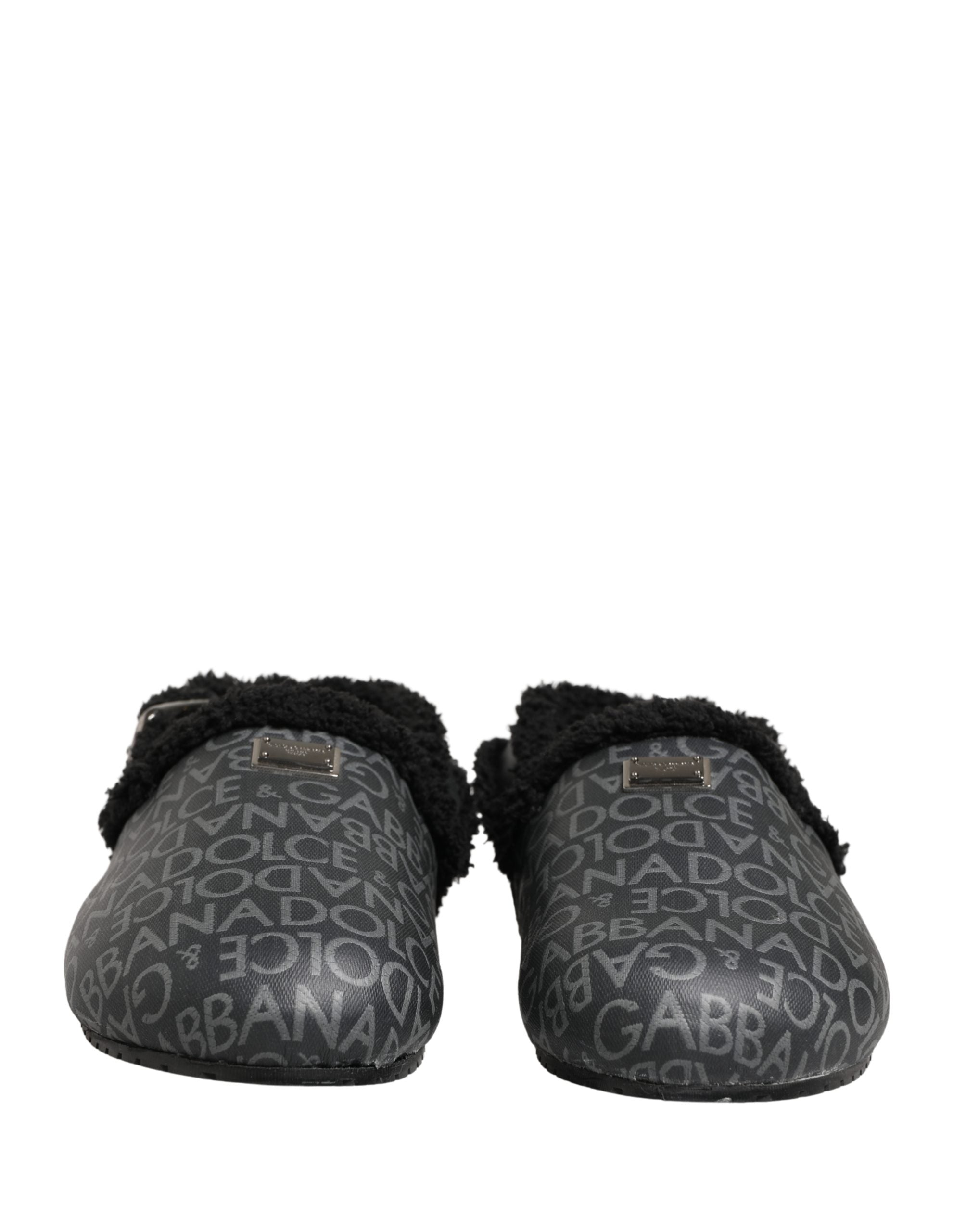 Dolce & Gabbana Graue Jacquard-Mules aus Kunstpelz Sandalen Schuhe
