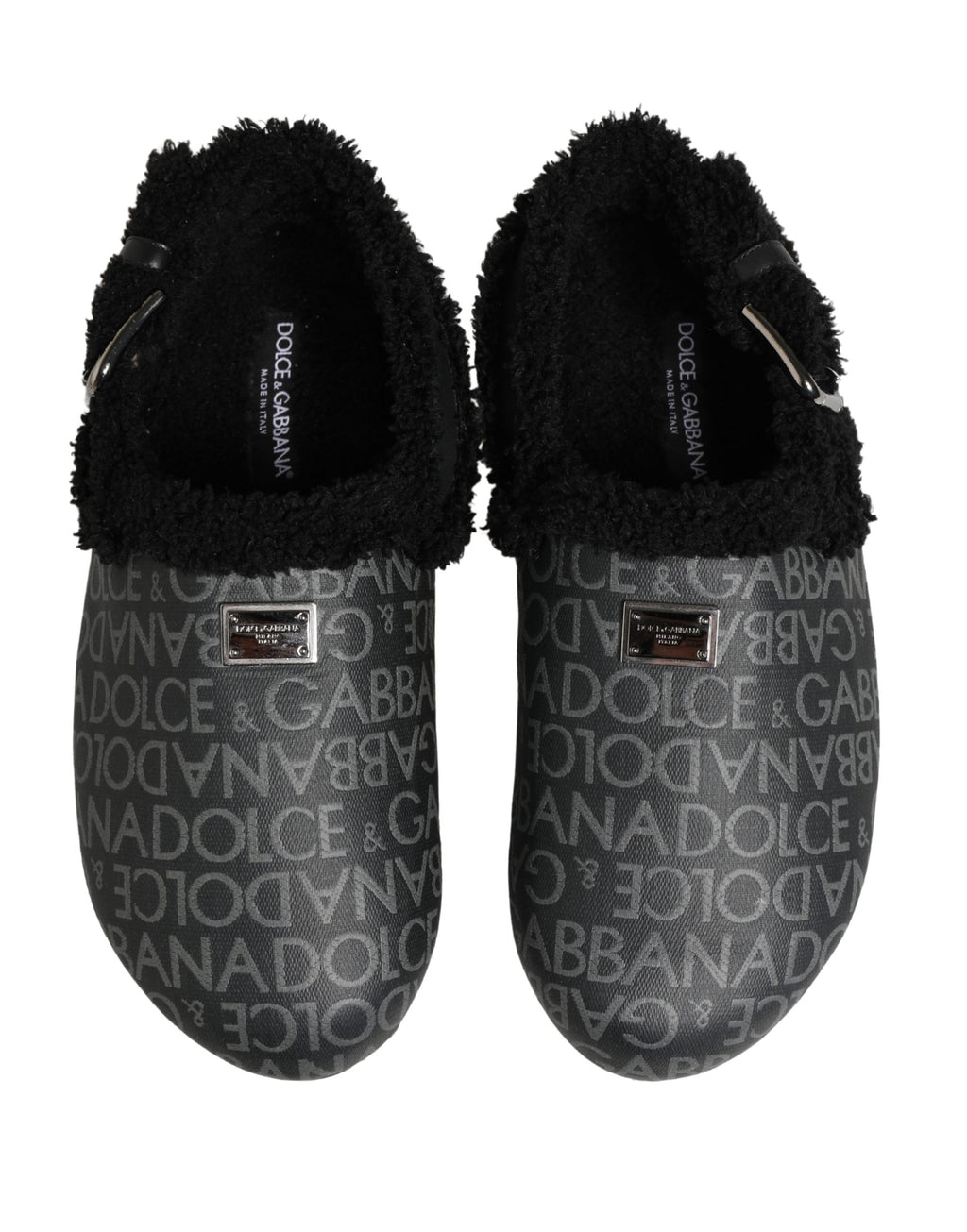 Dolce & Gabbana Graue Jacquard-Mules aus Kunstpelz Sandalen Schuhe
