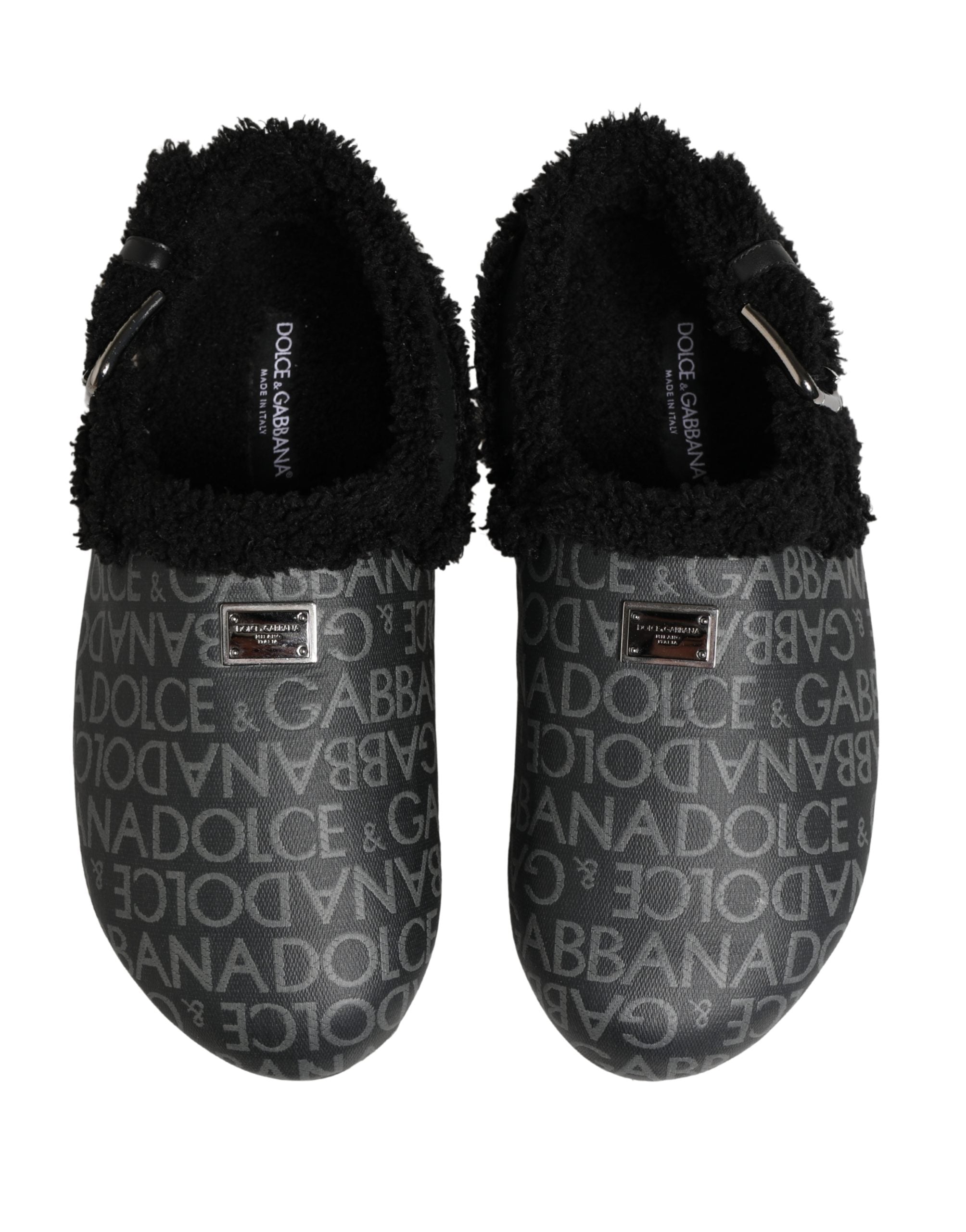 Dolce & Gabbana Graue Jacquard-Mules aus Kunstpelz Sandalen Schuhe