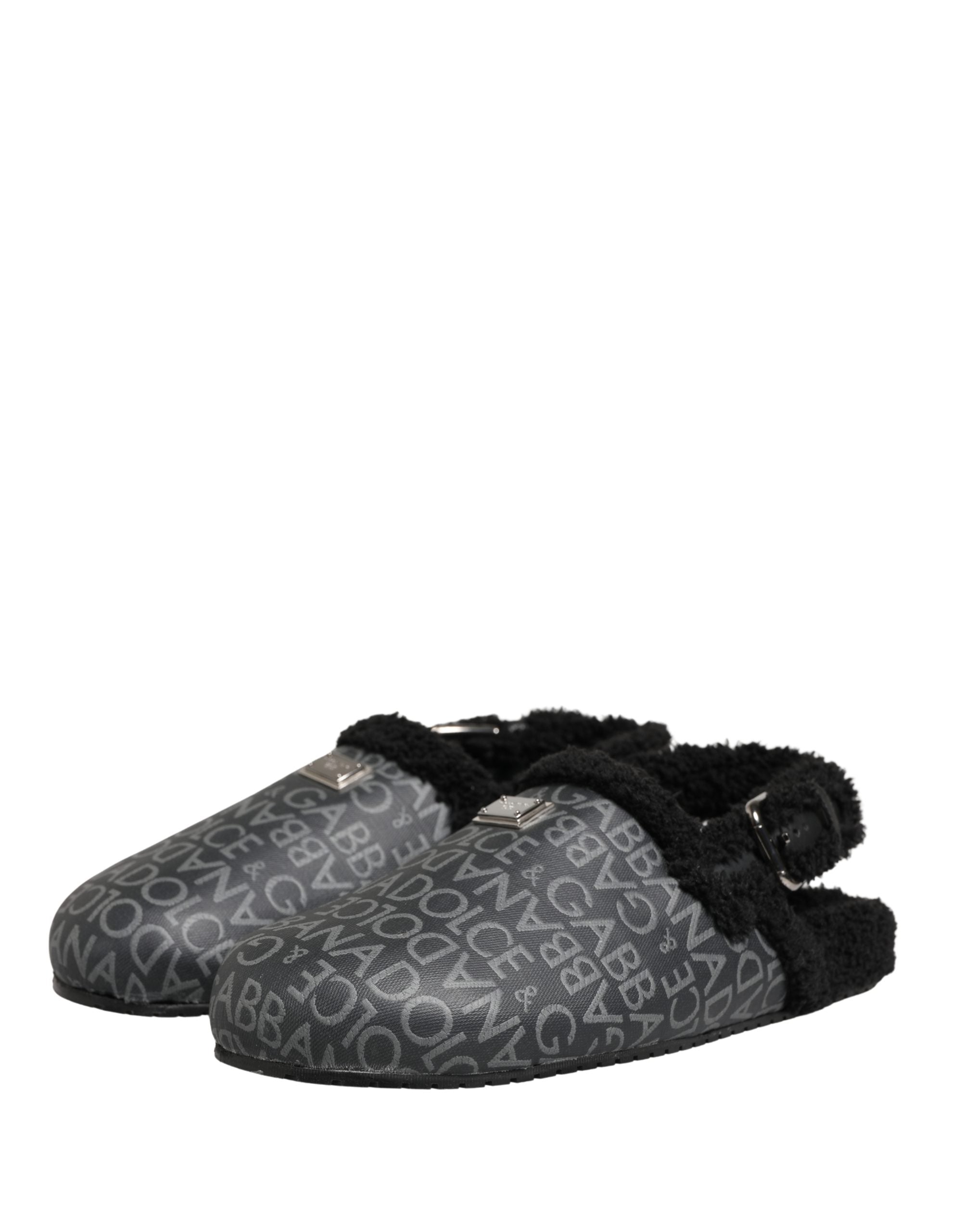 Dolce & Gabbana Graue Jacquard-Mules aus Kunstpelz Sandalen Schuhe