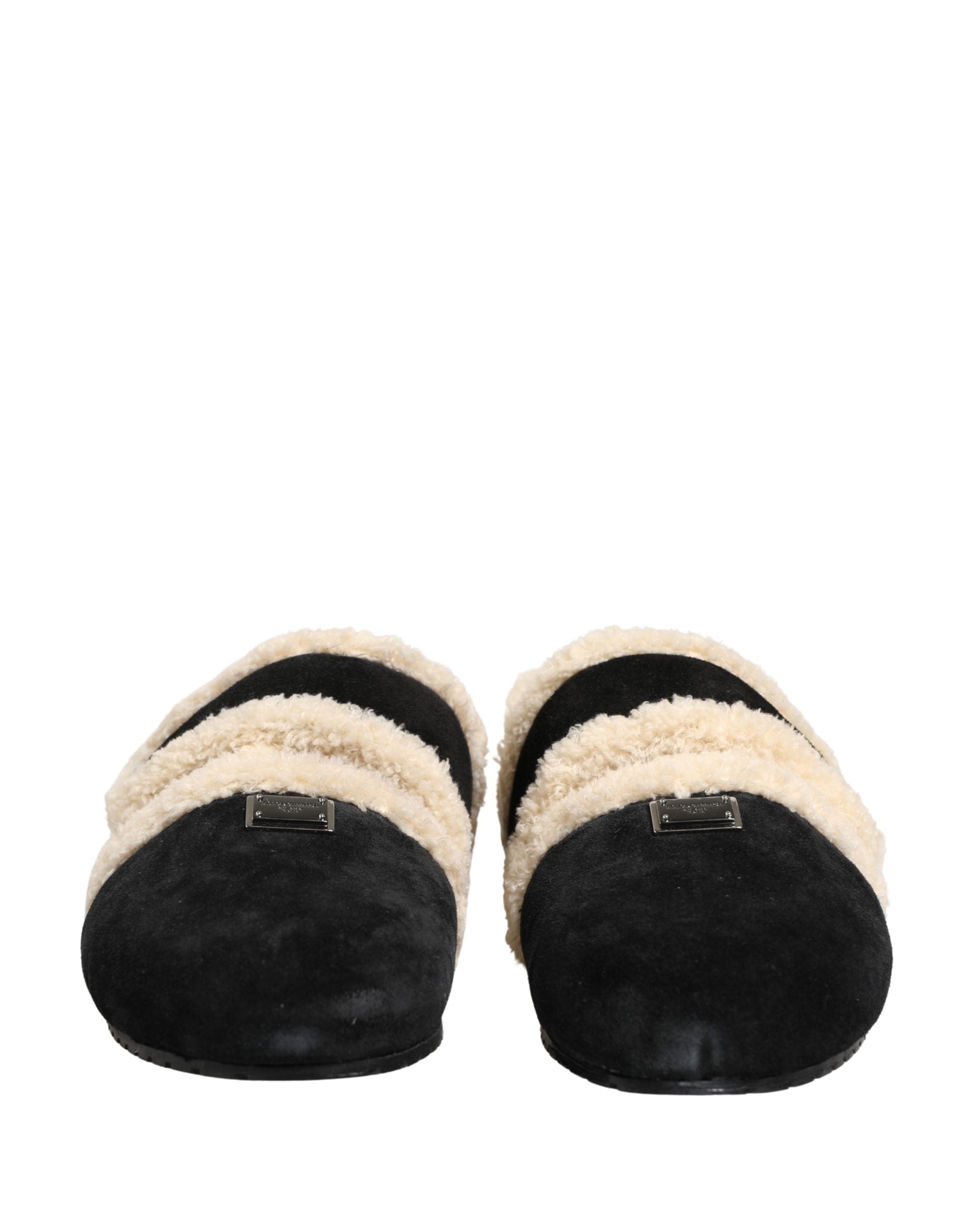 Dolce & Gabbana Beige Schwarz Kunstpelz Flats Herren Sandalen Schuhe