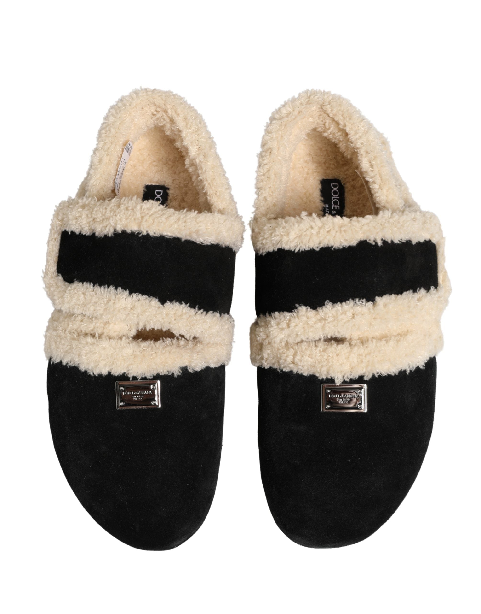 Dolce & Gabbana Beige Schwarz Kunstpelz Flats Herren Sandalen Schuhe
