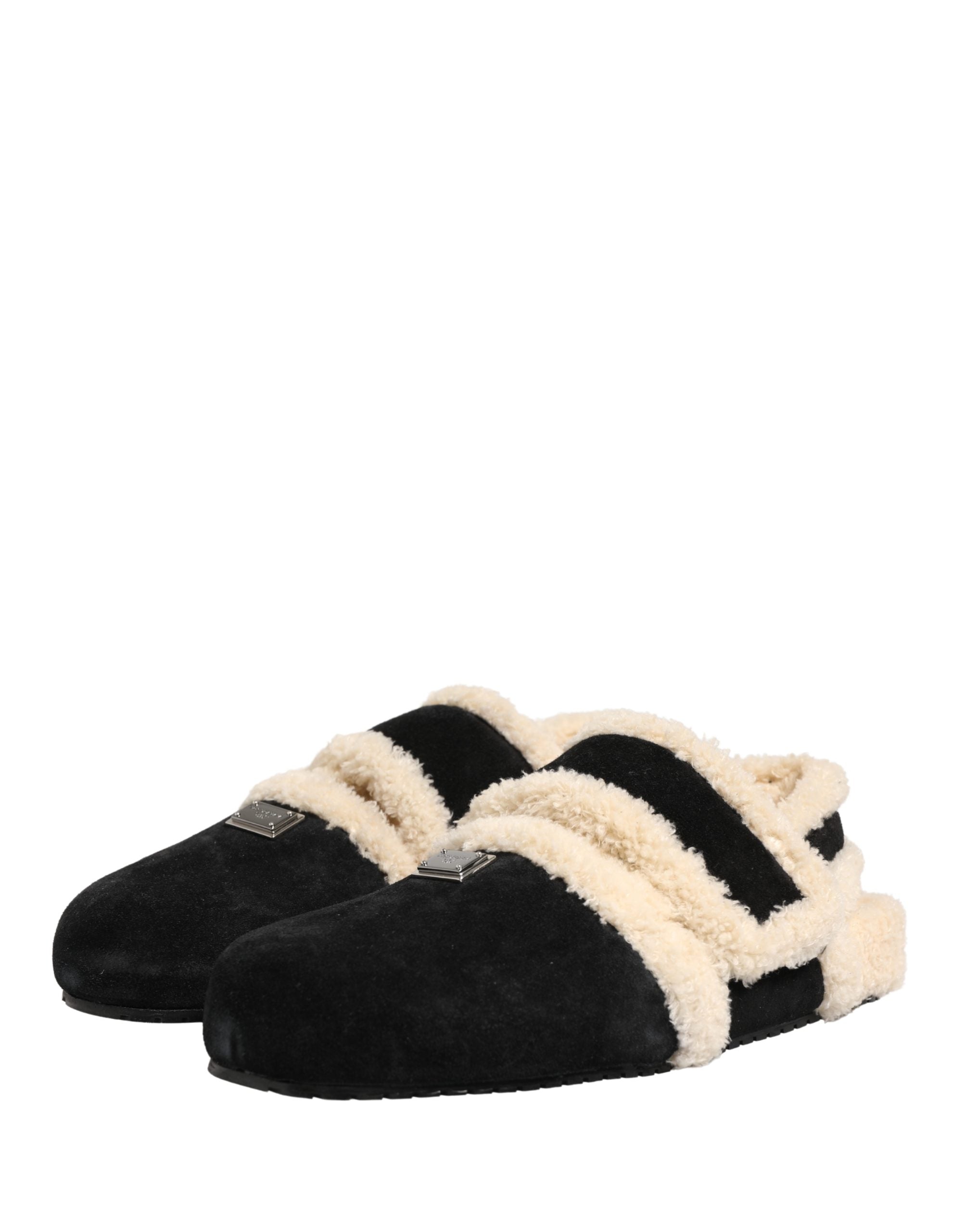 Dolce & Gabbana Beige Schwarz Kunstpelz Flats Herren Sandalen Schuhe