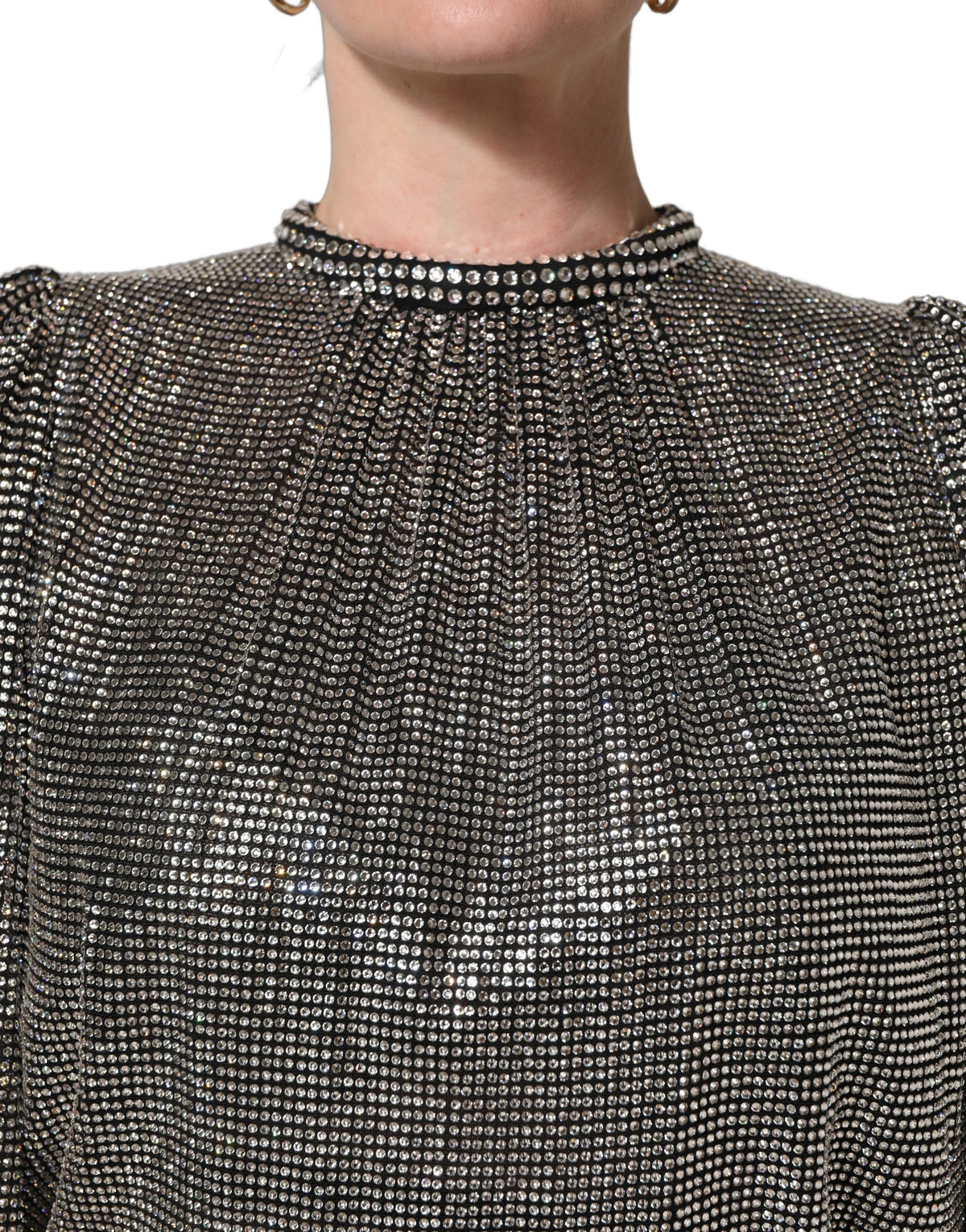 Dolce & Gabbana Zilveren Strass Steentjes Lange Mouwen Bodysuit Mini Jurk