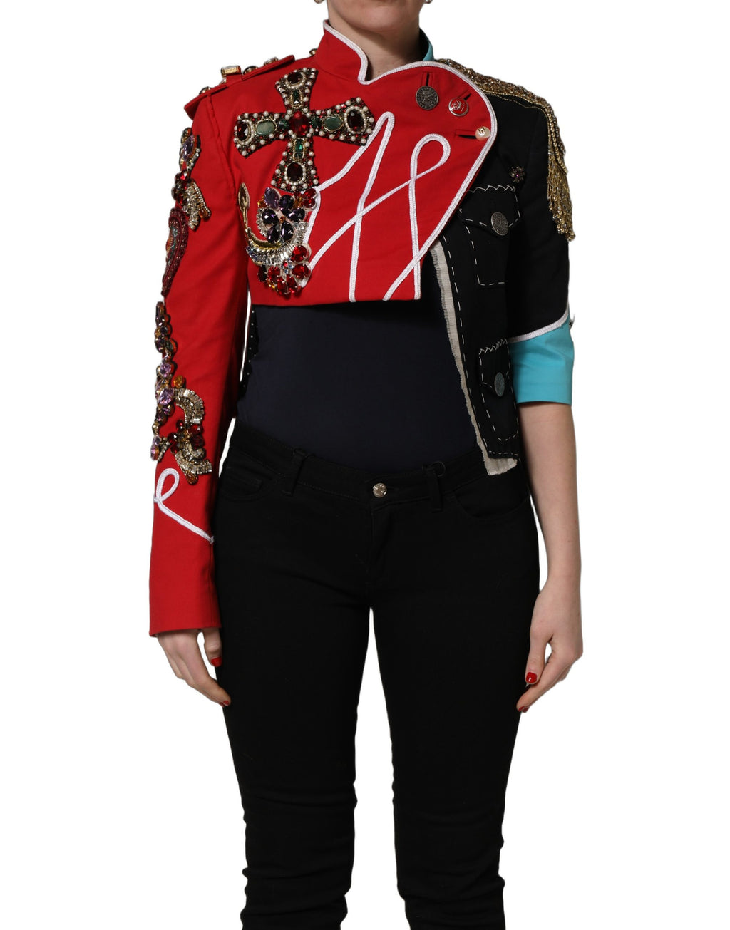 Dolce & Gabbana Mehrfarbige asymmetrische, verzierte, juwelenbesetzte Cropped-Jacke