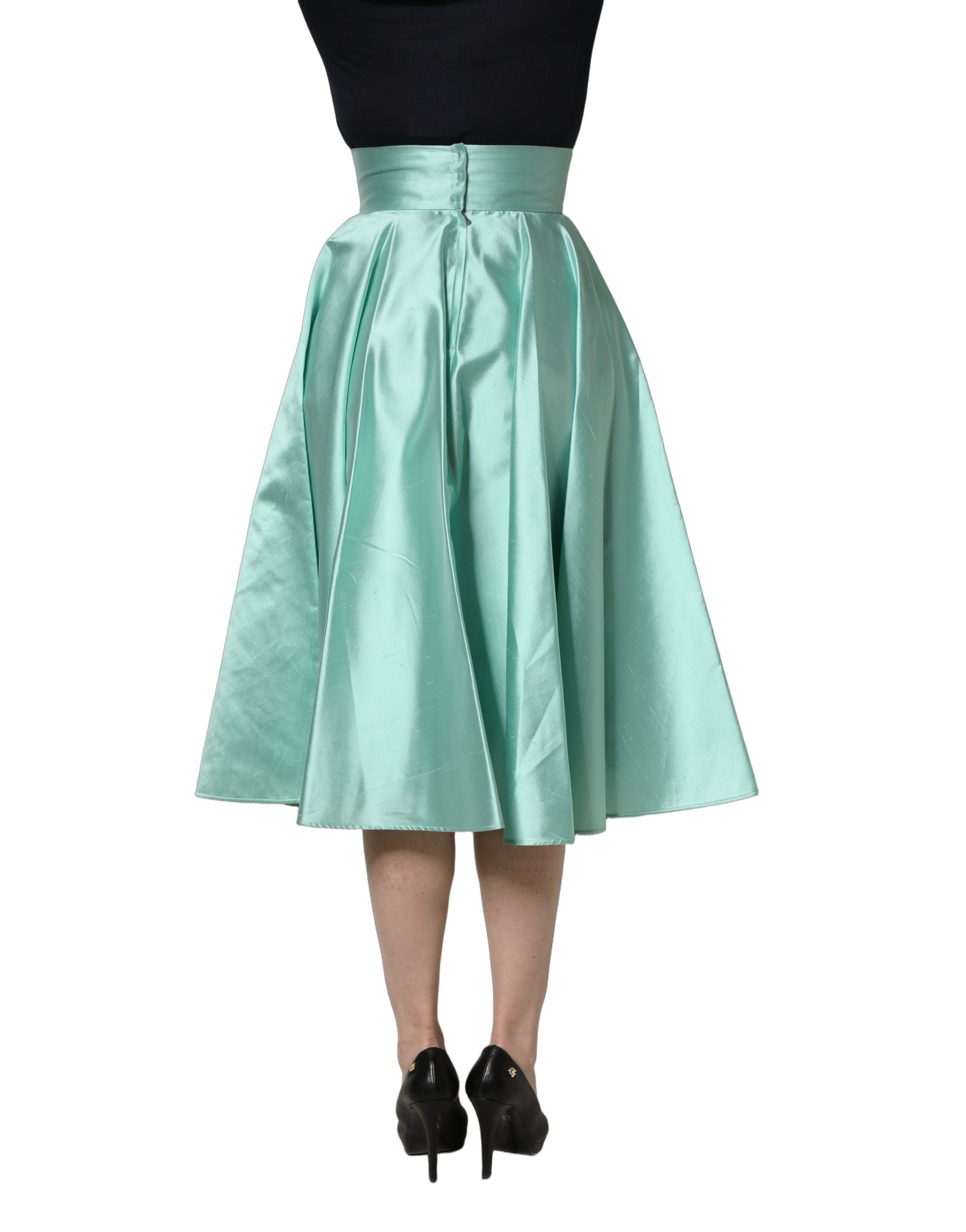 Dolce & Gabbana Green Satin High-Waisted Pleated A-line Midi Skirt