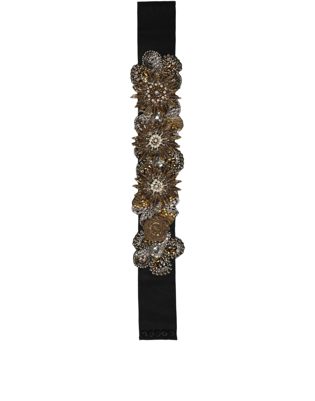Dolce & Gabbana Schwarzer Gürtel aus Messing mit goldfarbenen Kristallblumenbroschen