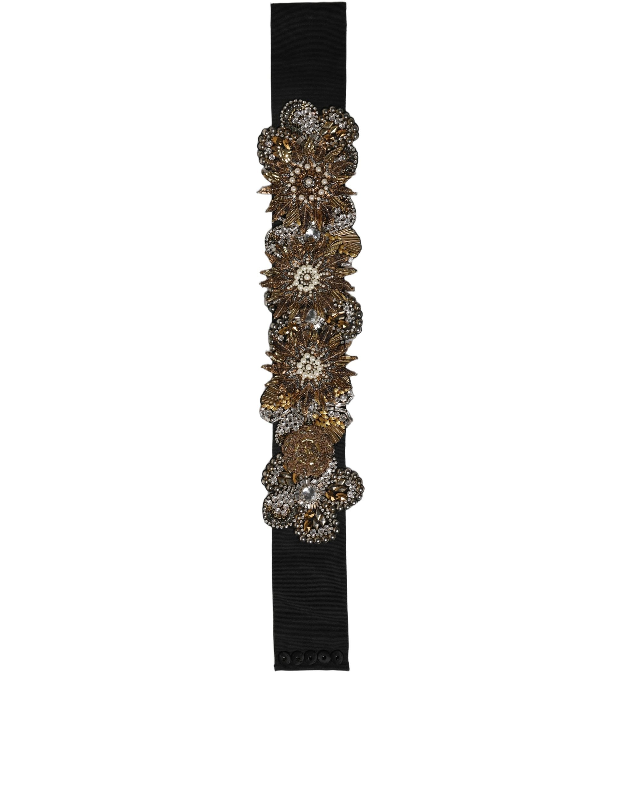 Dolce & Gabbana Schwarzer Gürtel aus Messing mit goldfarbenen Kristallblumenbroschen