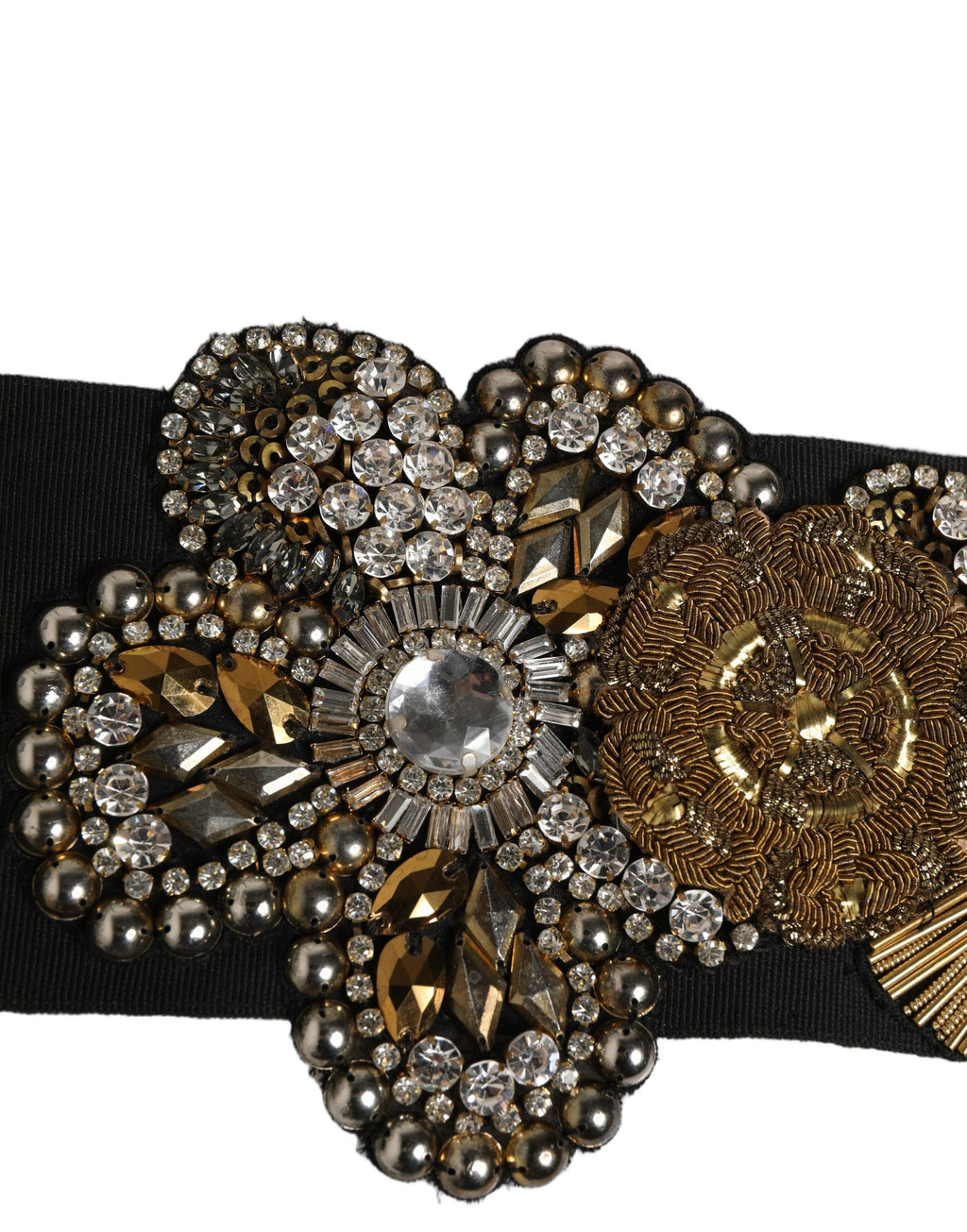 Dolce & Gabbana Schwarzer Gürtel aus Messing mit goldfarbenen Kristallblumenbroschen