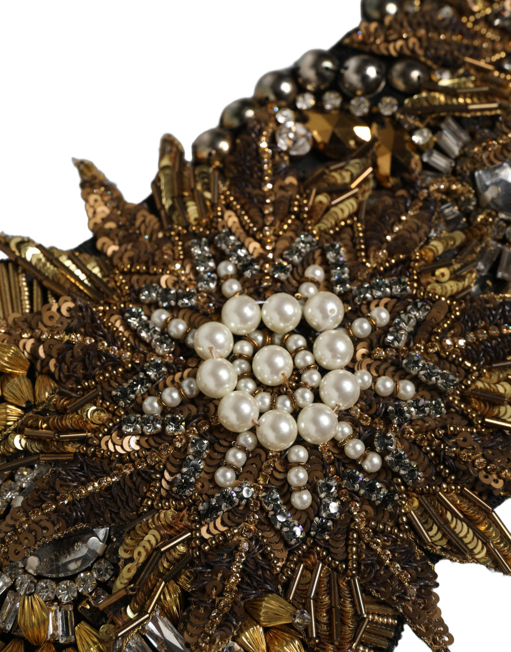 Dolce & Gabbana Schwarzer Gürtel aus Messing mit goldfarbenen Kristallblumenbroschen
