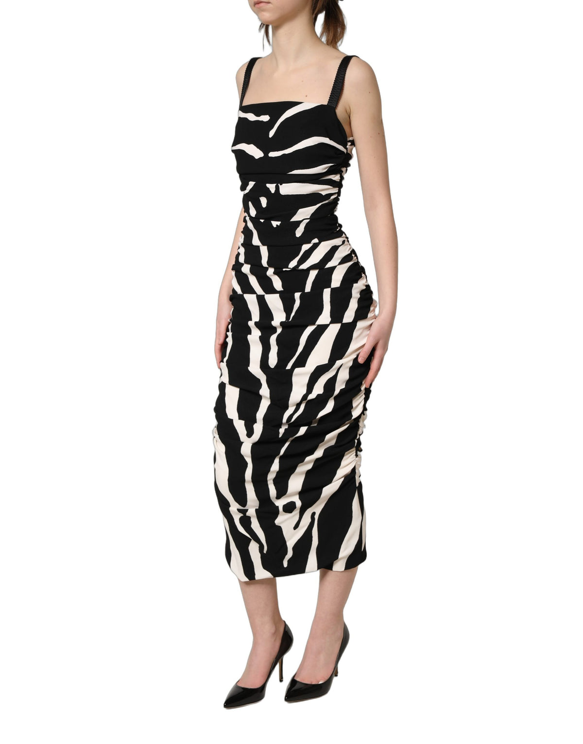 Dolce & Gabbana Zwart Witte Zebra Cady Kuitlange Jurk