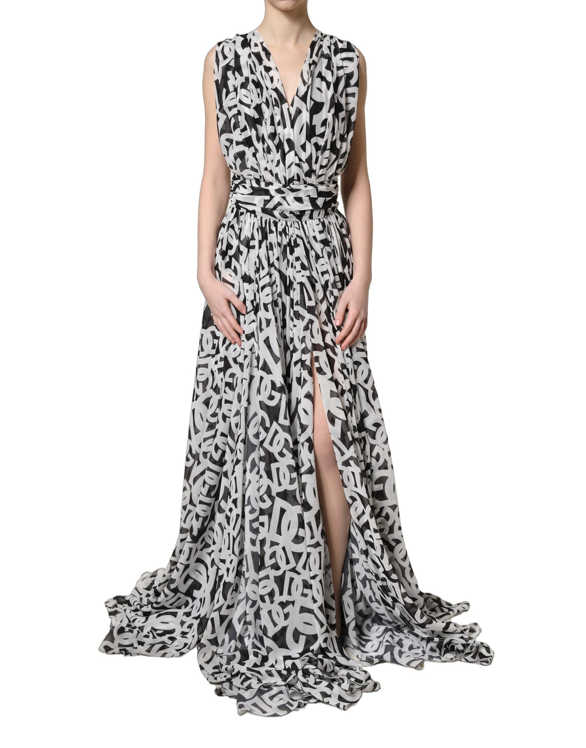 Dolce & Gabbana Zwart Witte Logo Mouwloze Maxi Jurk Tot de Vloer