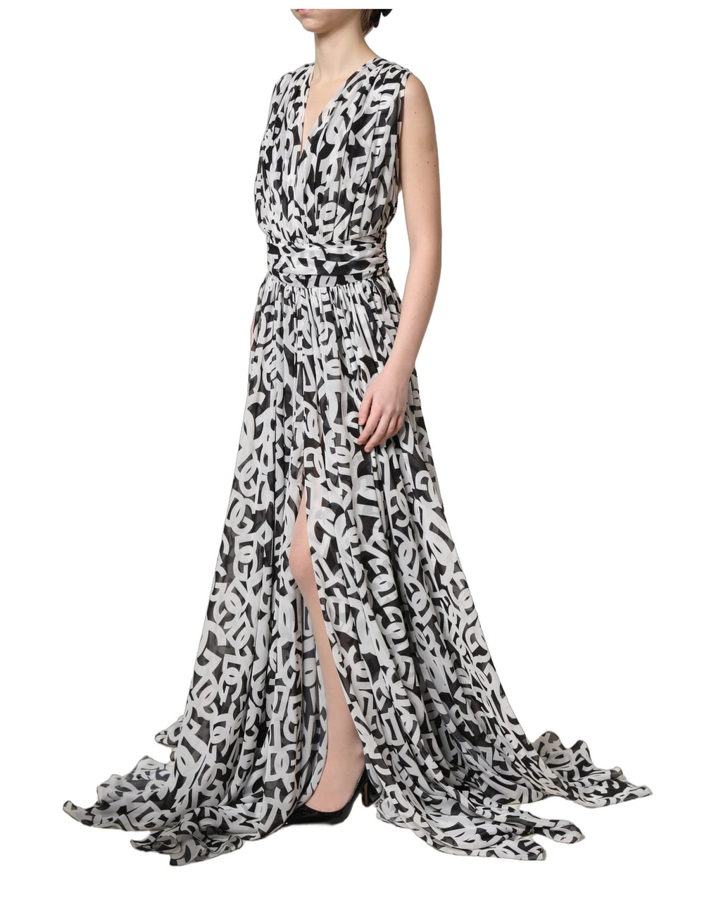 Dolce & Gabbana Zwart Witte Logo Mouwloze Maxi Jurk Tot de Vloer