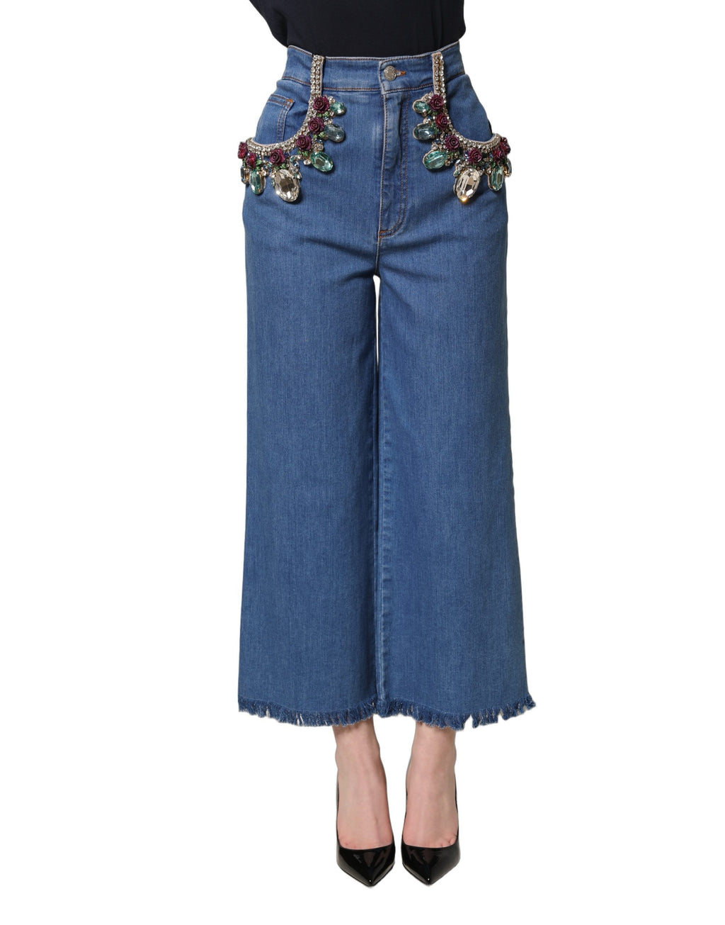 Dolce & Gabbana Blaue verzierte weite Cropped-Jeans aus Denim