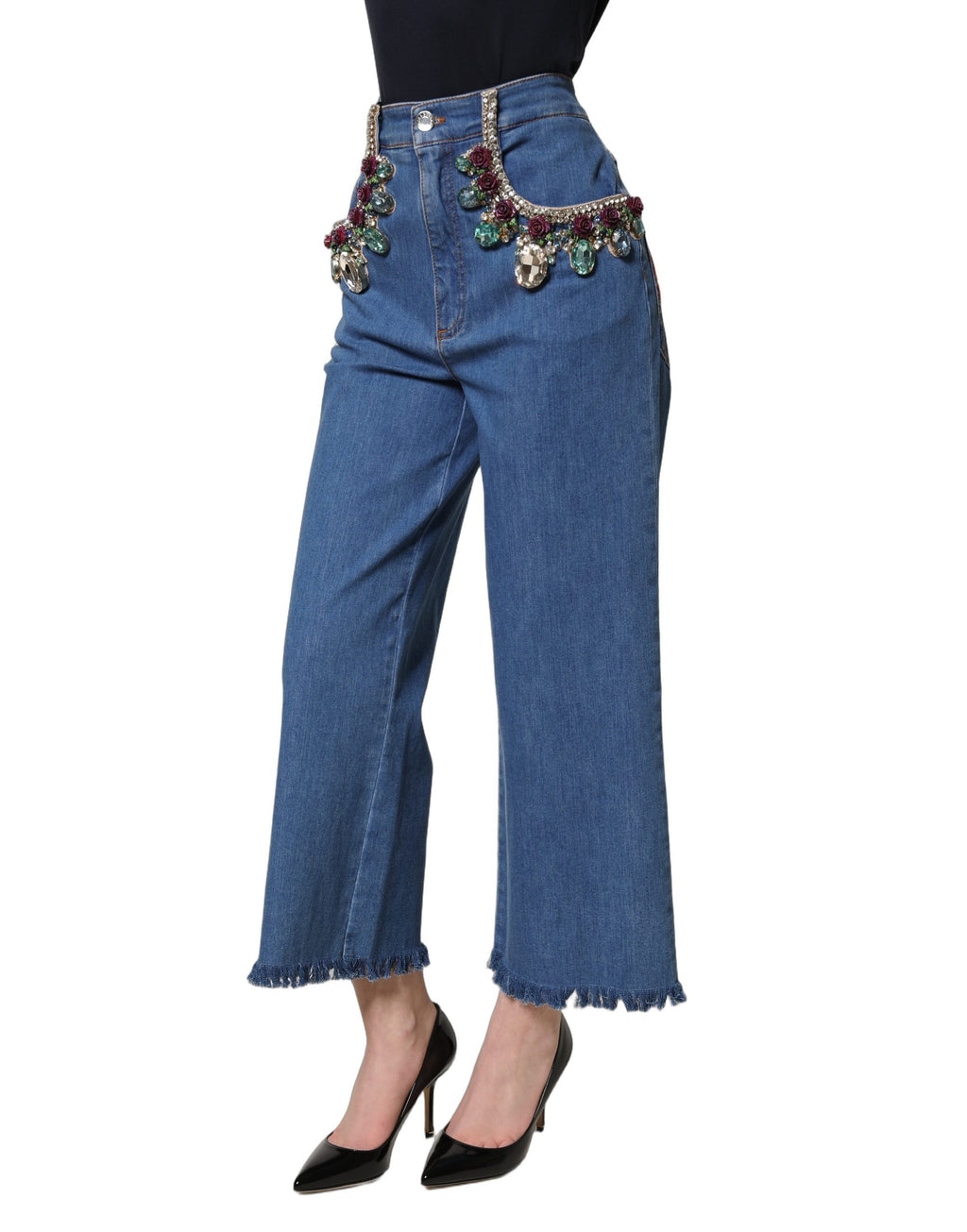 Dolce & Gabbana Blaue verzierte weite Cropped-Jeans aus Denim