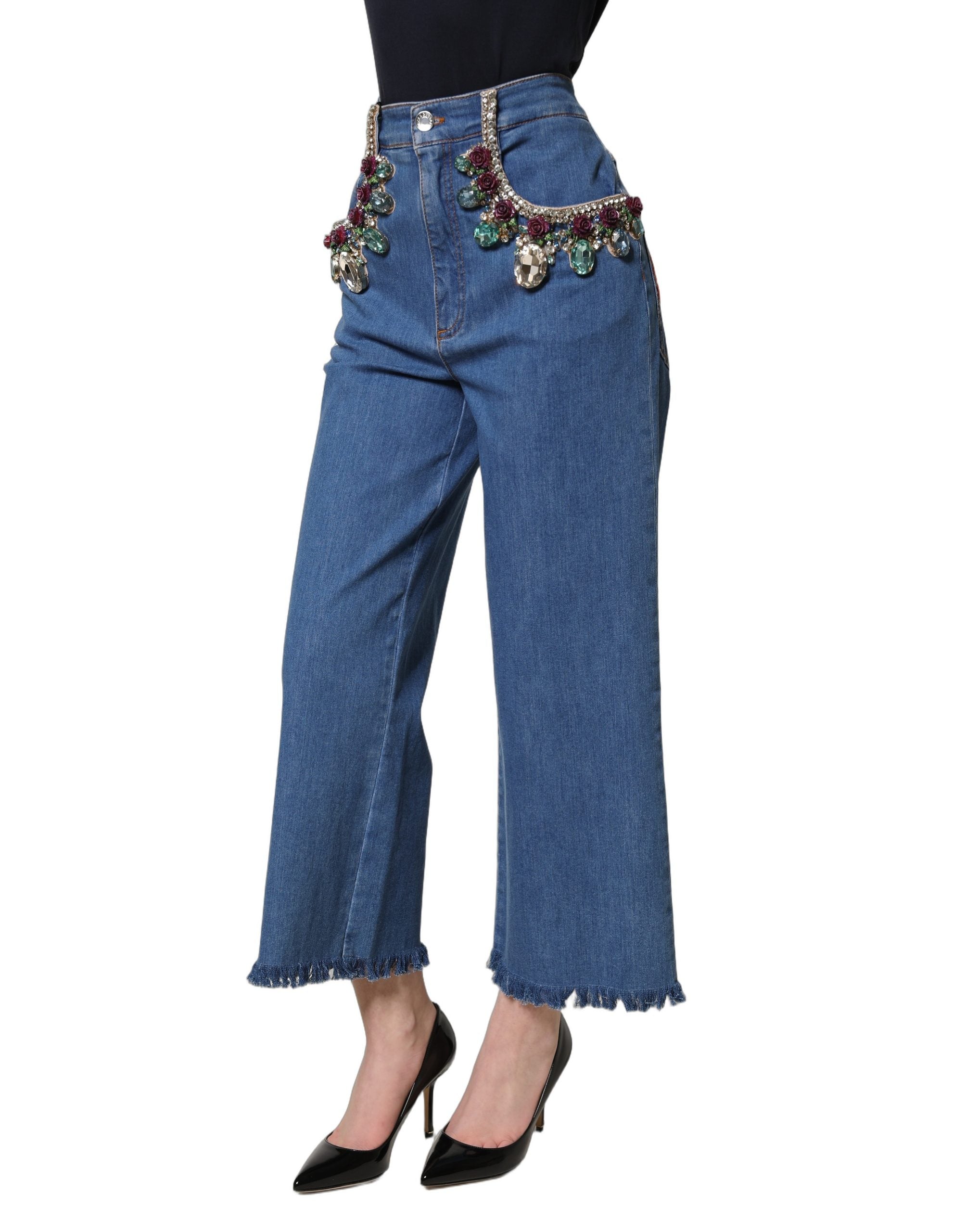 Dolce & Gabbana Blaue verzierte weite Cropped-Jeans aus Denim