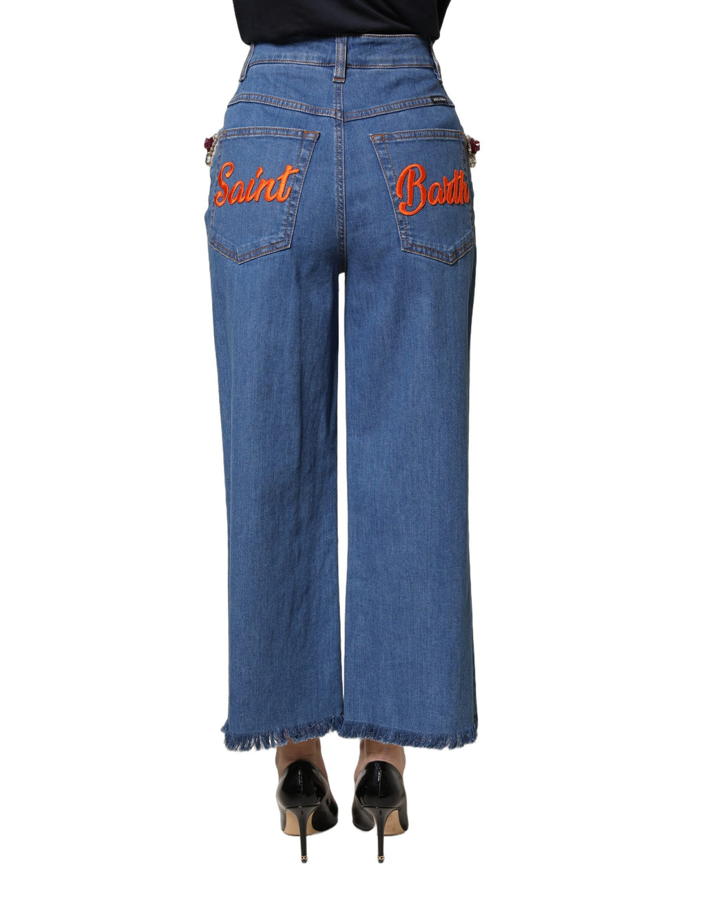 Dolce & Gabbana Blaue verzierte weite Cropped-Jeans aus Denim