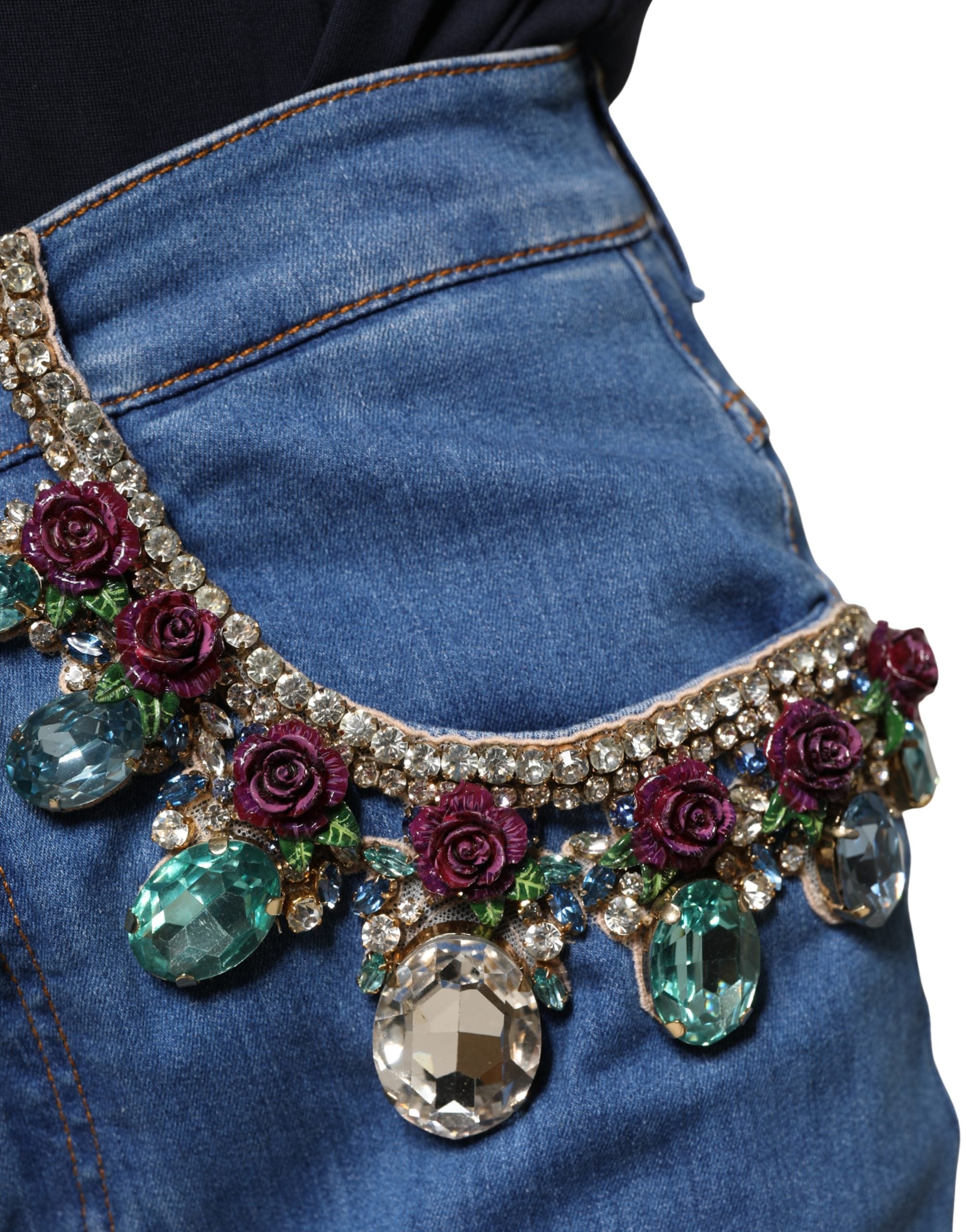 Dolce & Gabbana Blaue verzierte weite Cropped-Jeans aus Denim
