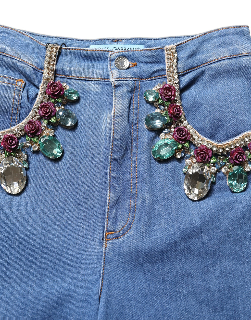 Dolce & Gabbana Blaue verzierte weite Cropped-Jeans aus Denim