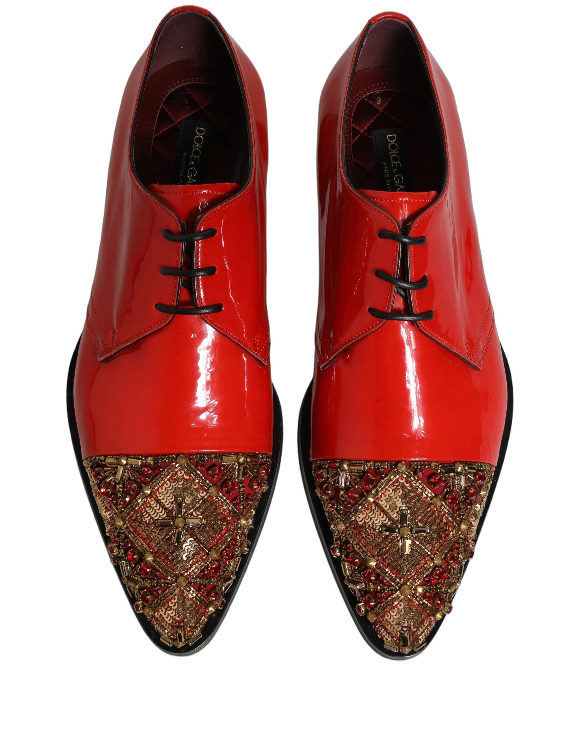 Dolce & Gabbana Rote verzierte Herren Derby Lackschuhe