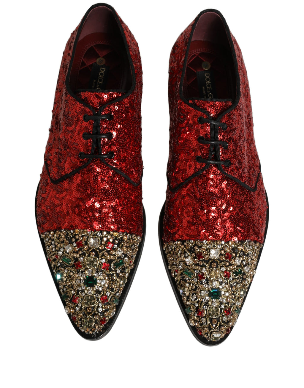 Dolce & Gabbana Rote Pailletten Verzierte Herren Derby Lackschuhe