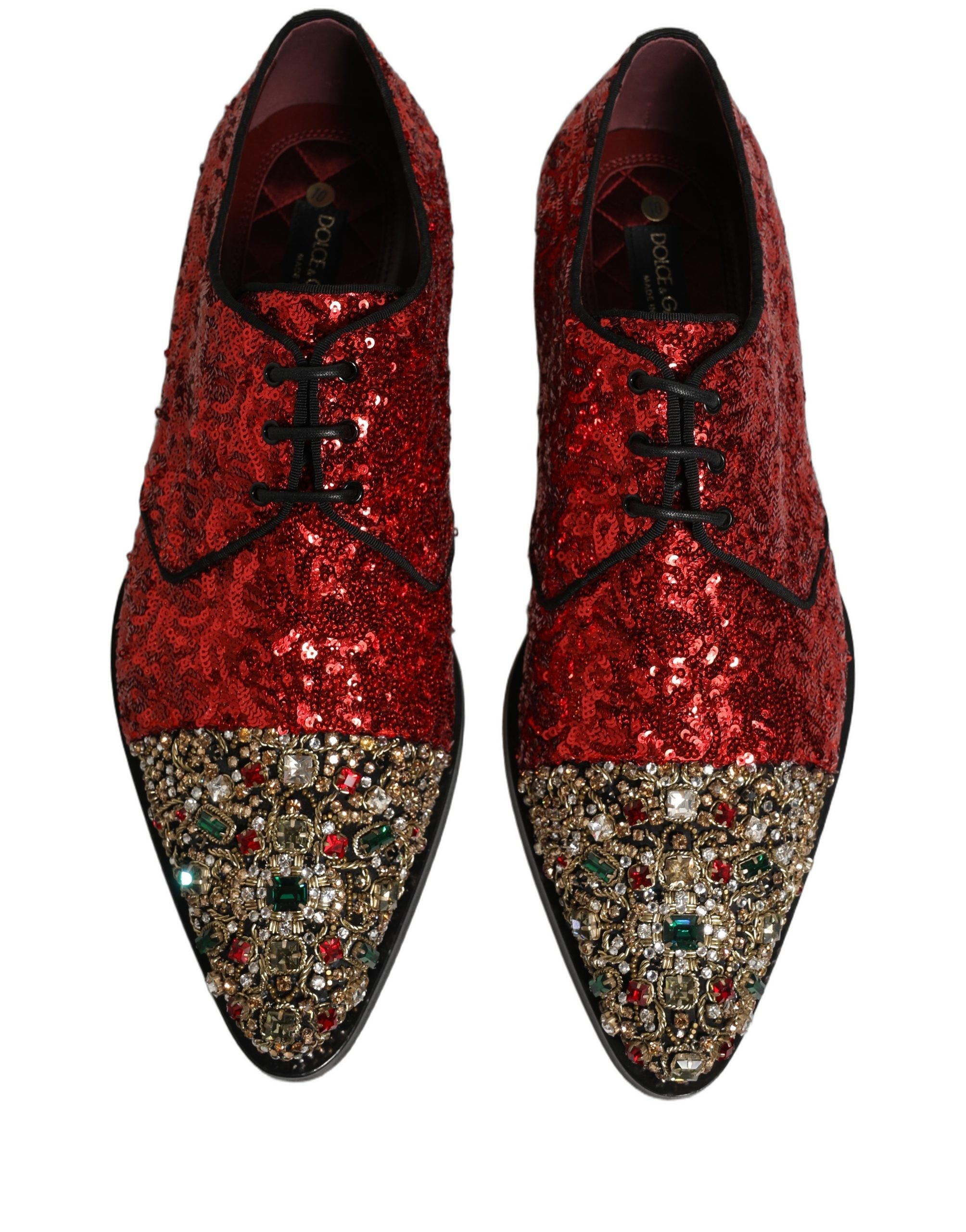 Dolce & Gabbana Rote Pailletten Verzierte Herren Derby Lackschuhe