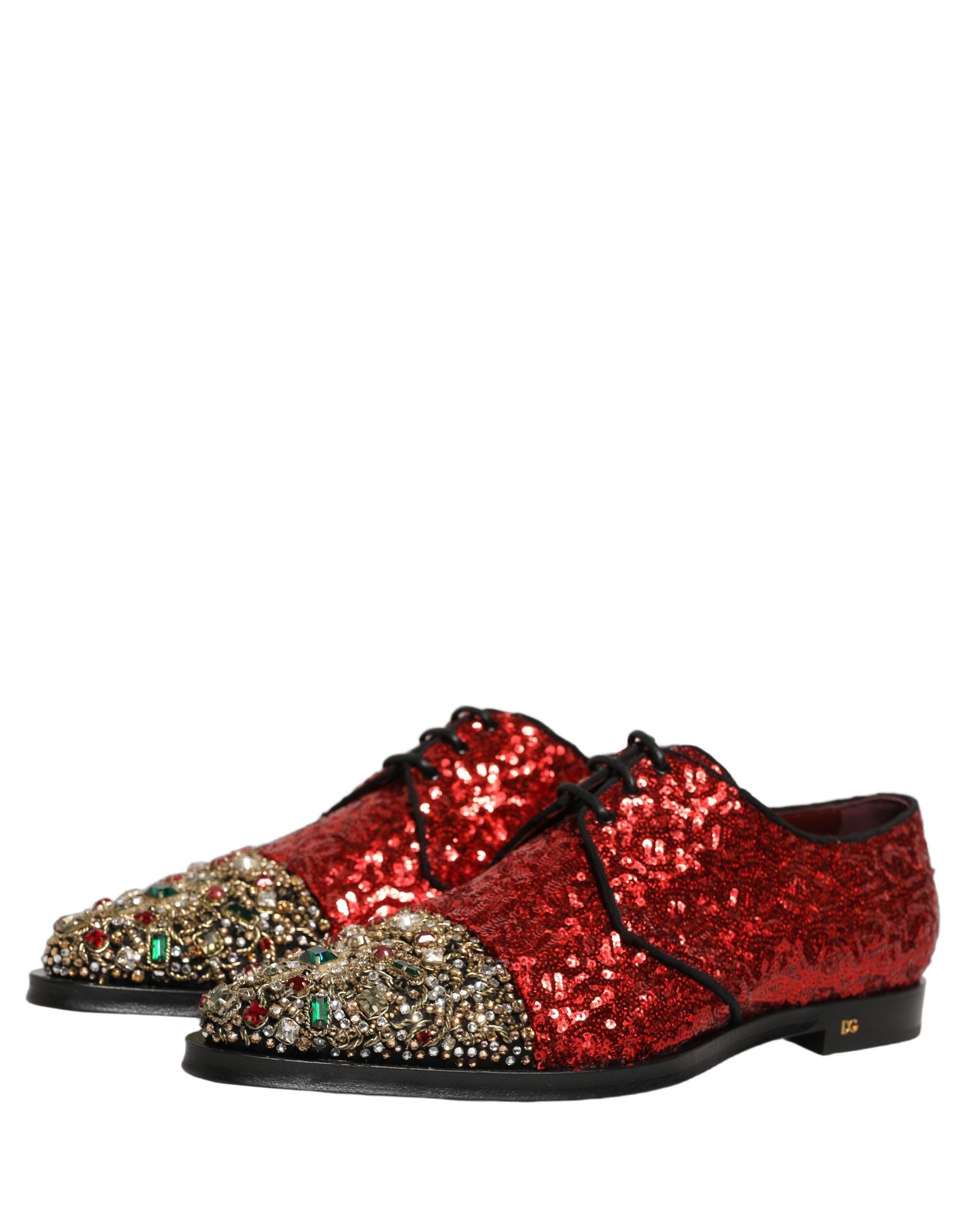 Dolce & Gabbana Rote Pailletten Verzierte Herren Derby Lackschuhe